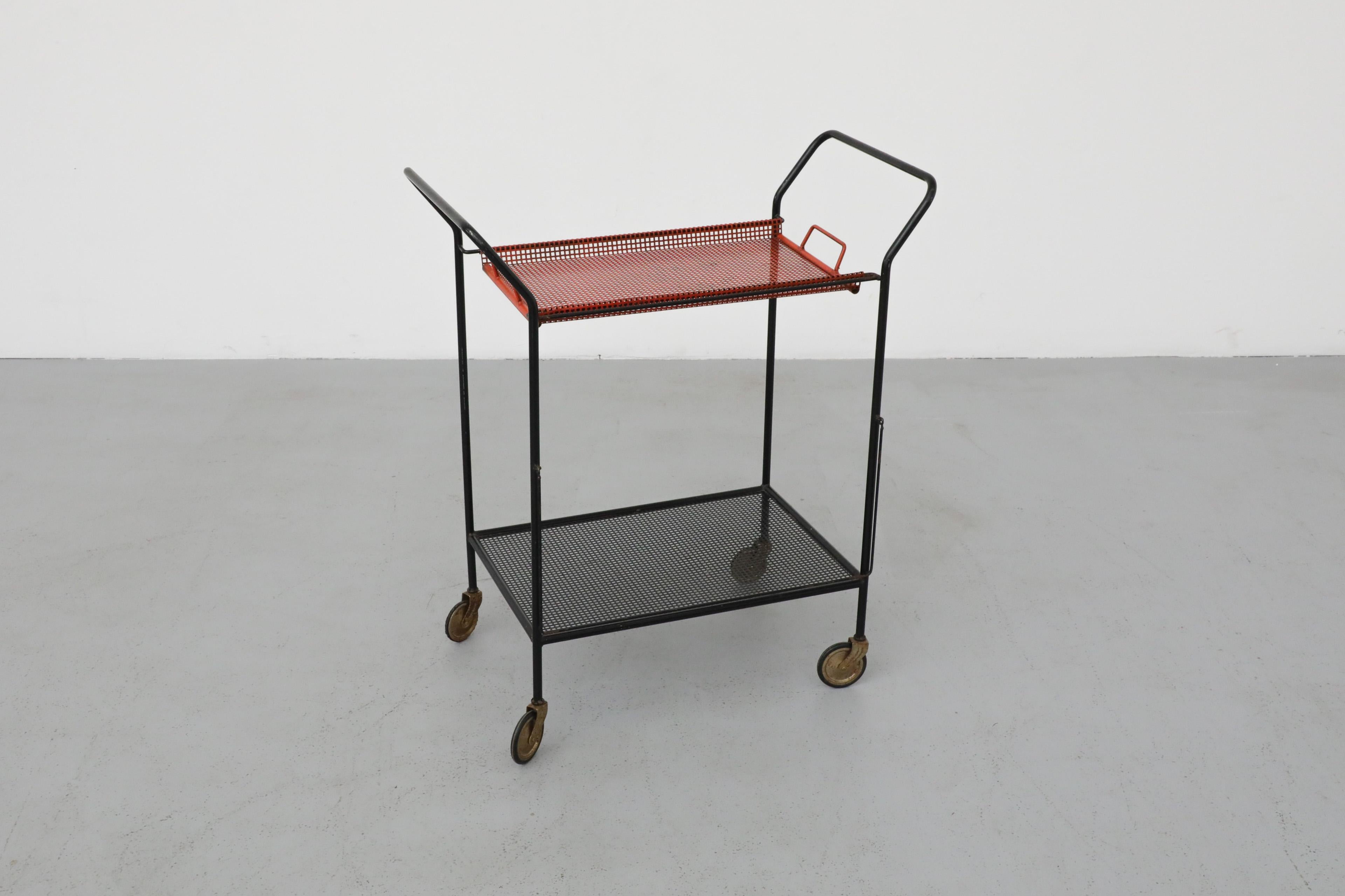 Vintage Red and Black Pilastro Perforated Enameled Metal Tea Trolley / Bar Cart 3