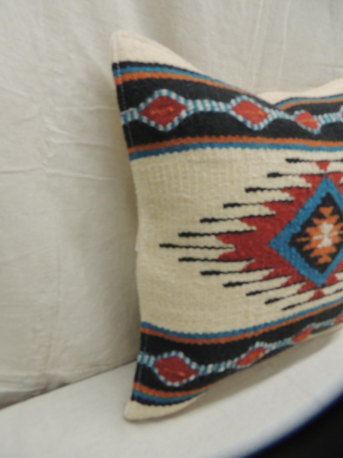 Vintage red and blue Navajo style woven decorative square pillow with cotton backing.
Decorative pillow handcrafted and designed in the USA.
Closure by stitch (no zipper closure) with custom made pillow insert.
Size: 18