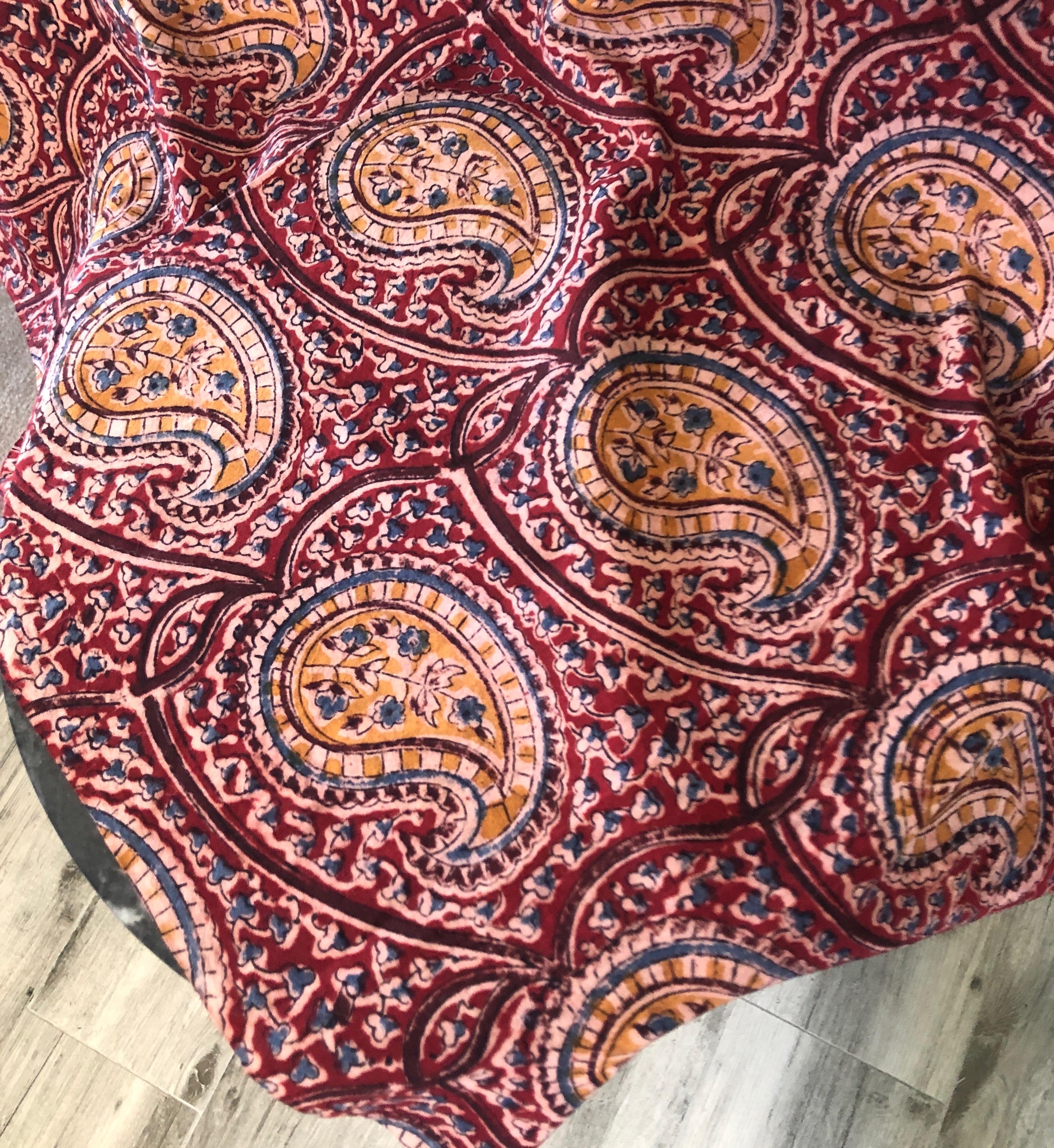 Hand-Crafted Vintage Red and Brown Cotton Printed Kalamkari Print Textile