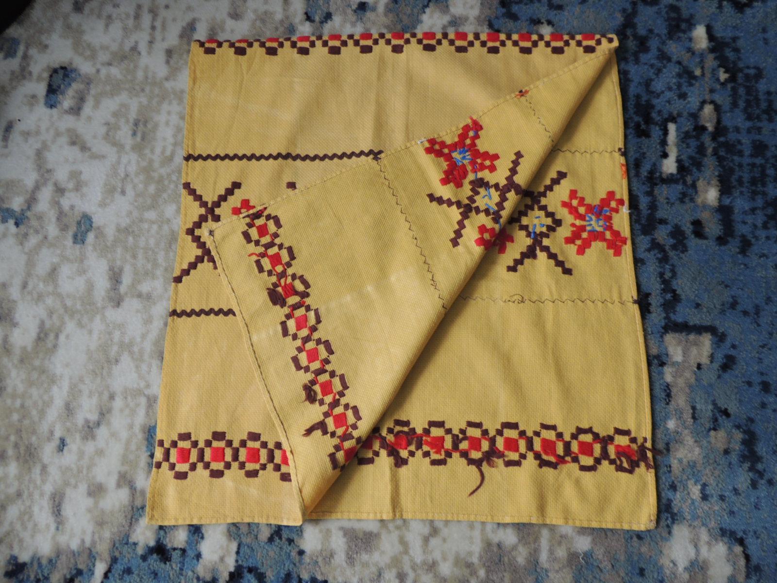 Vintage red and brown on yellow embroidered textile.
Could be use as a table runner or topper and as well to make
decorative pillows. Finished hem all around.
Wool on cotton.
Size: 20.5