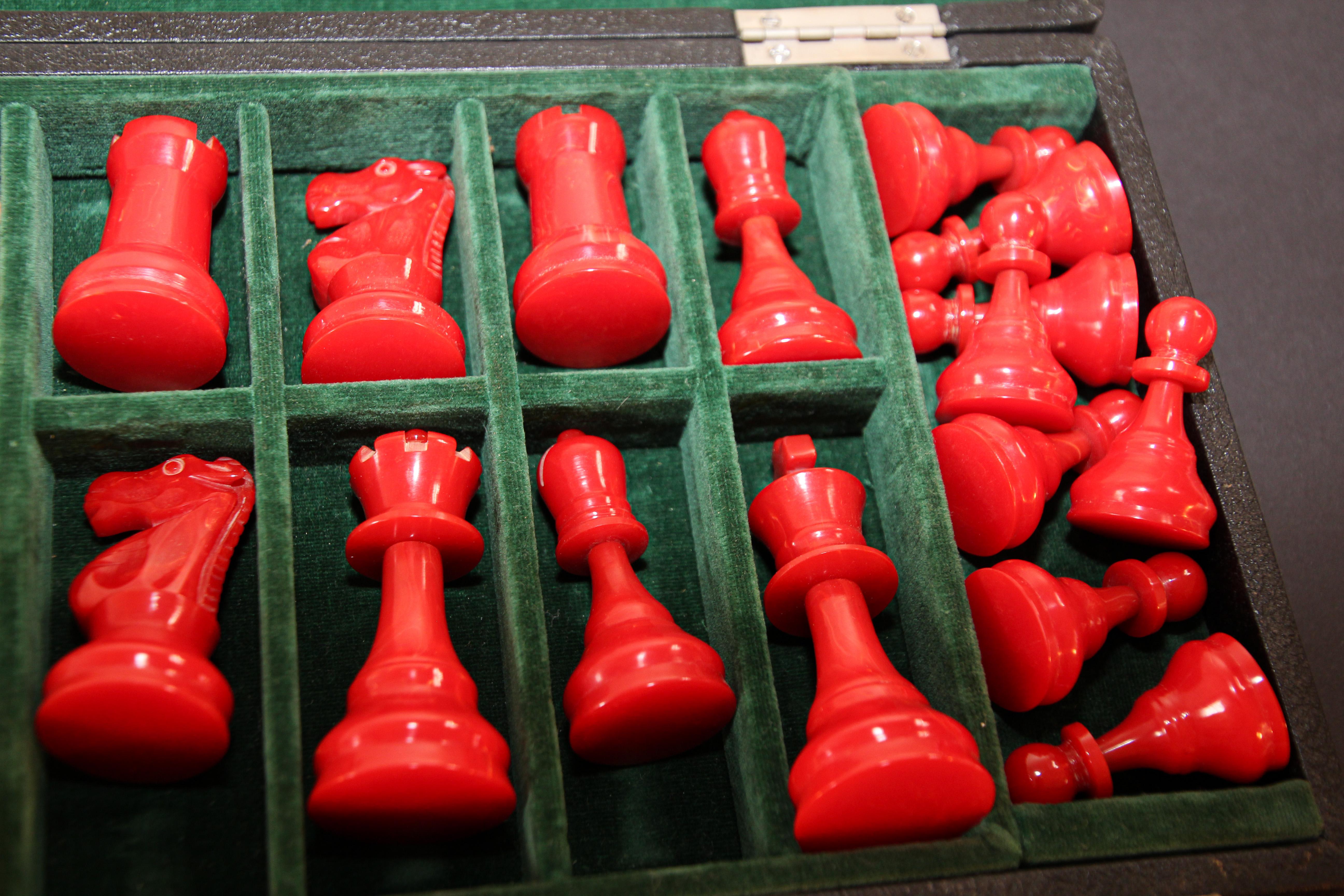 North American Vintage Red and Cream Bakelite Chess Pieces Set