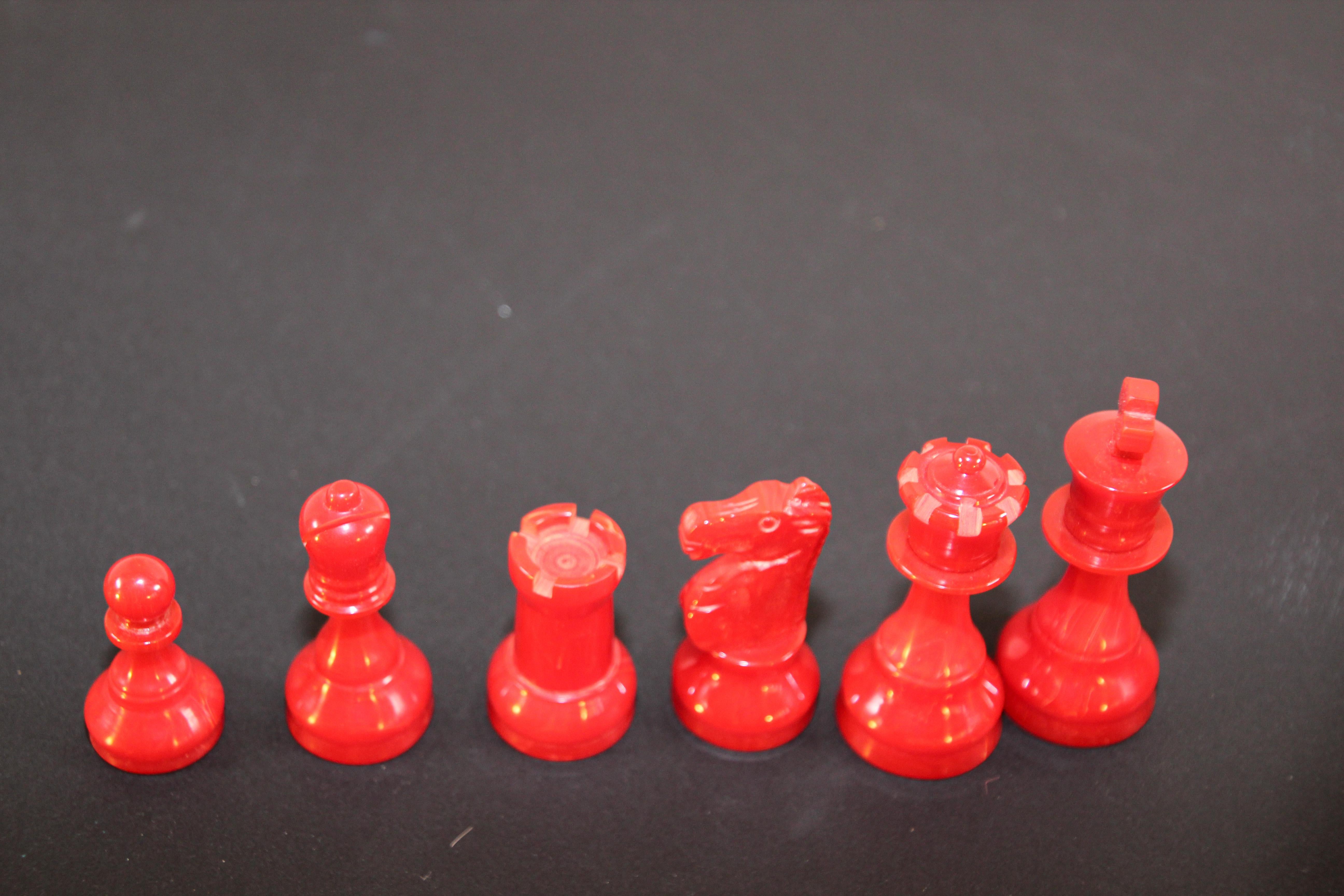 Hand-Crafted Vintage Red and Cream Bakelite Chess Pieces Set