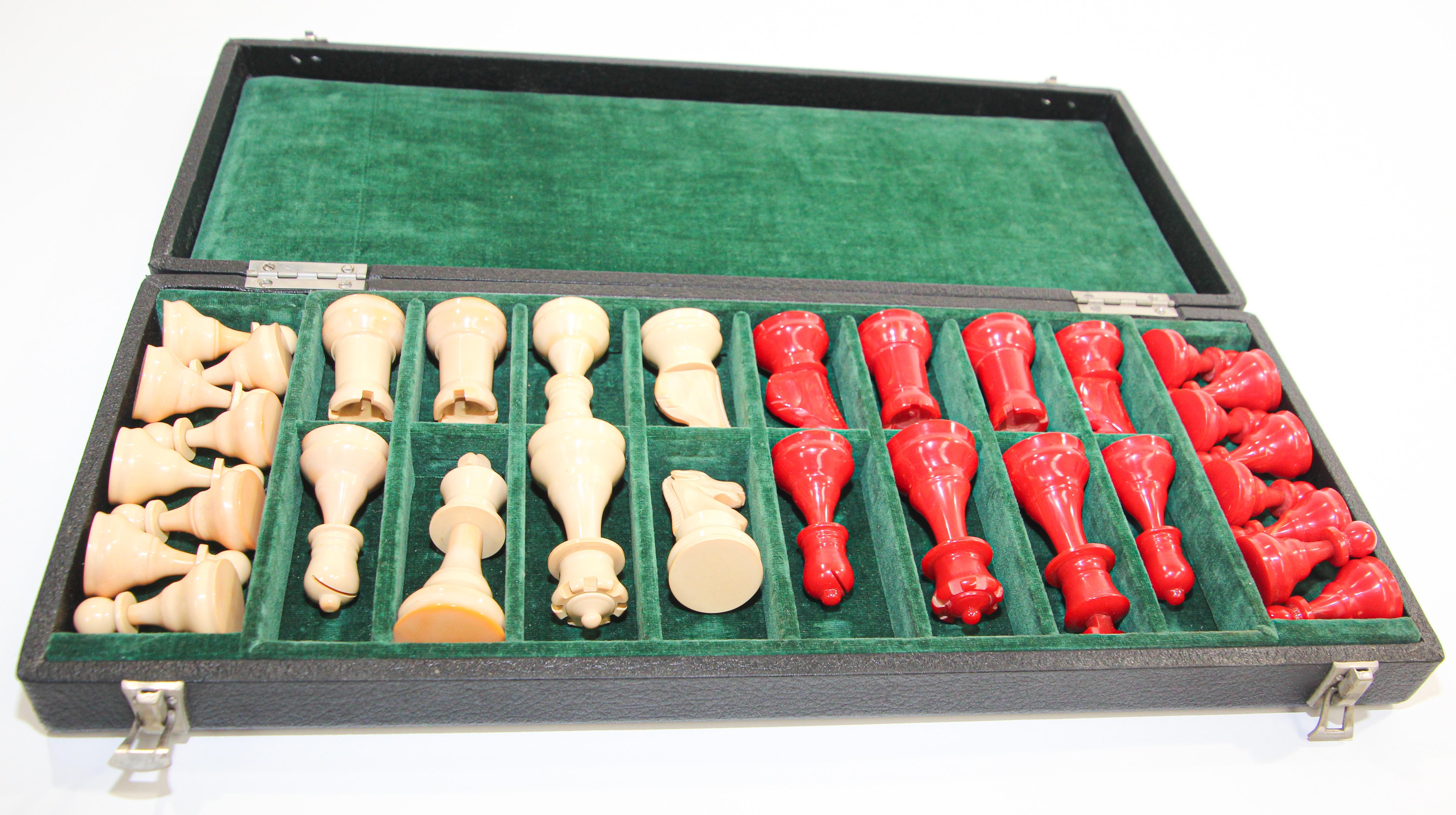 Vintage Red and Cream Bakelite Chess Pieces Set