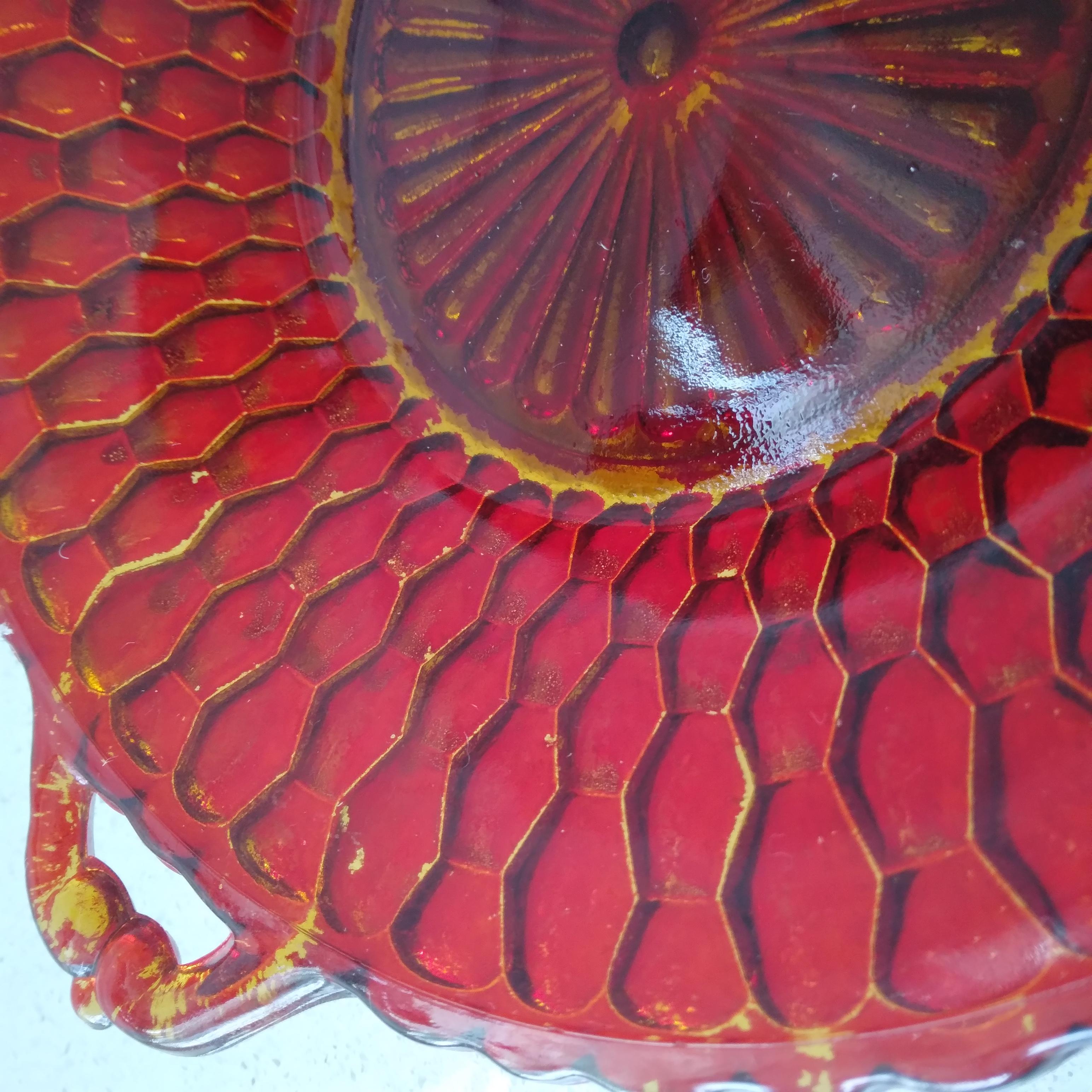 Unknown Vintage Red and Gold Glass Dish with Handles in Honeycomb Design