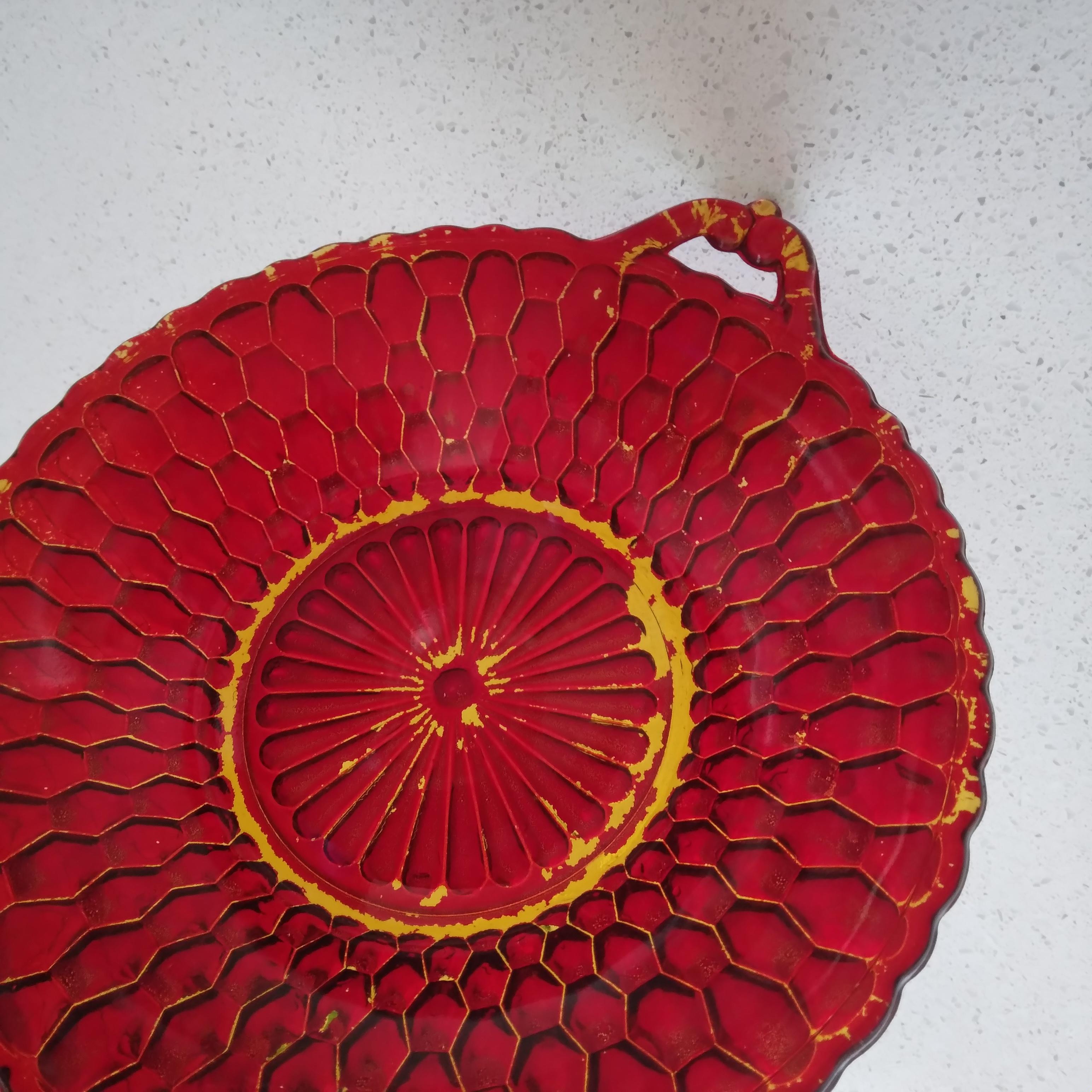 20th Century Vintage Red and Gold Glass Dish with Handles in Honeycomb Design