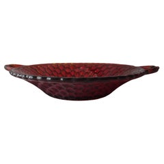 Antique Red and Gold Glass Dish with Handles in Honeycomb Design
