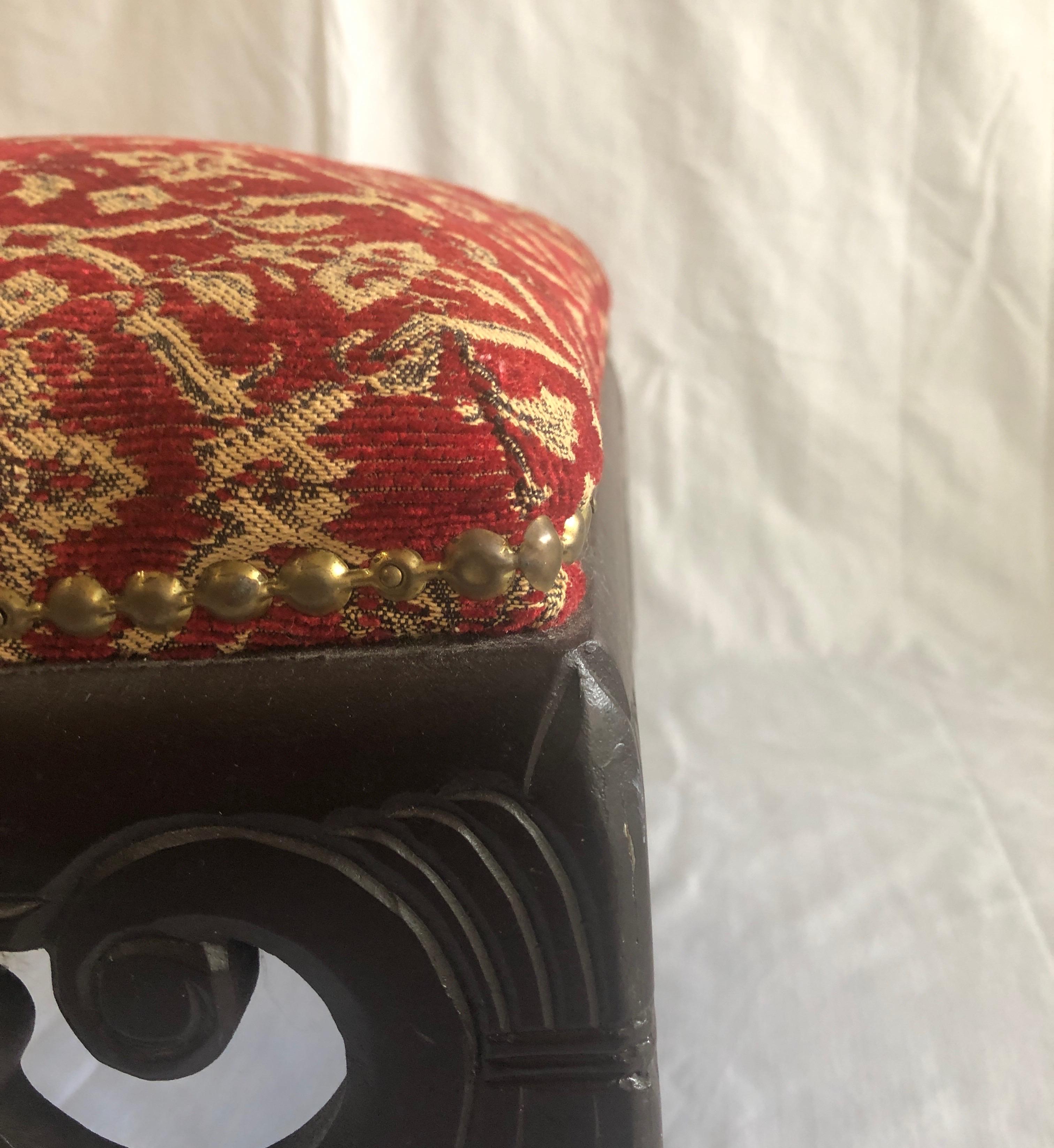 Country Vintage Red and Gold Square Upholstered Footstool