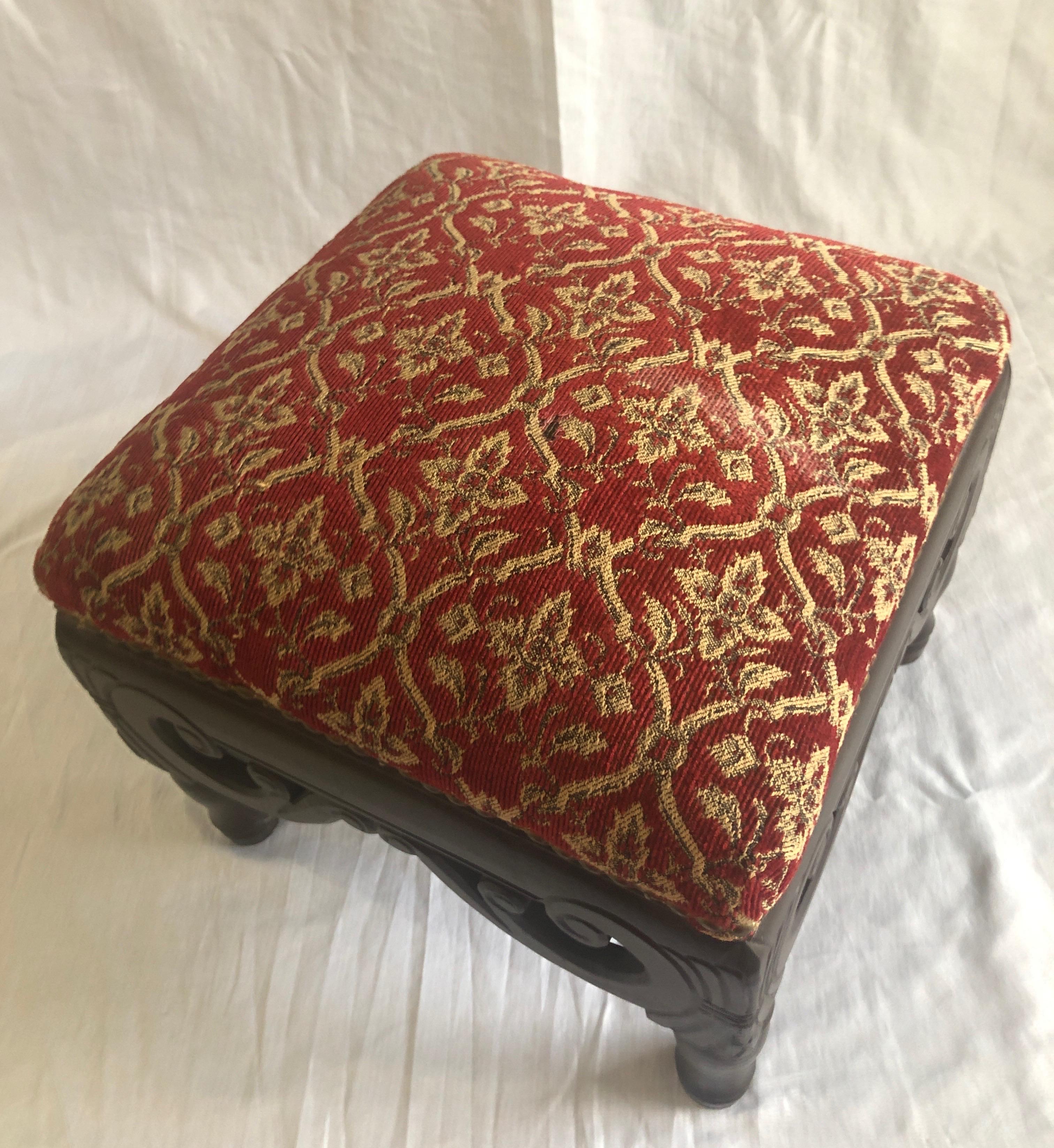 Costa Rican Vintage Red and Gold Square Upholstered Footstool