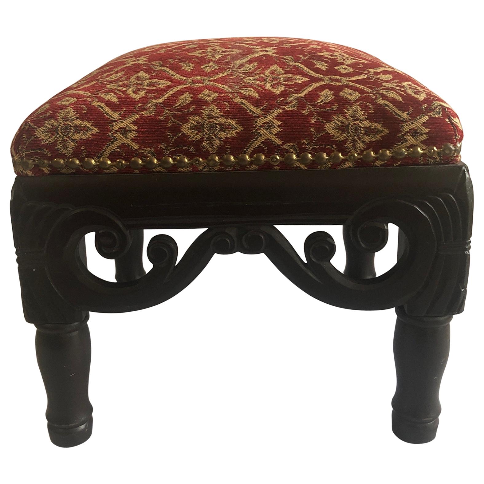 Vintage Red and Gold Square Upholstered Footstool