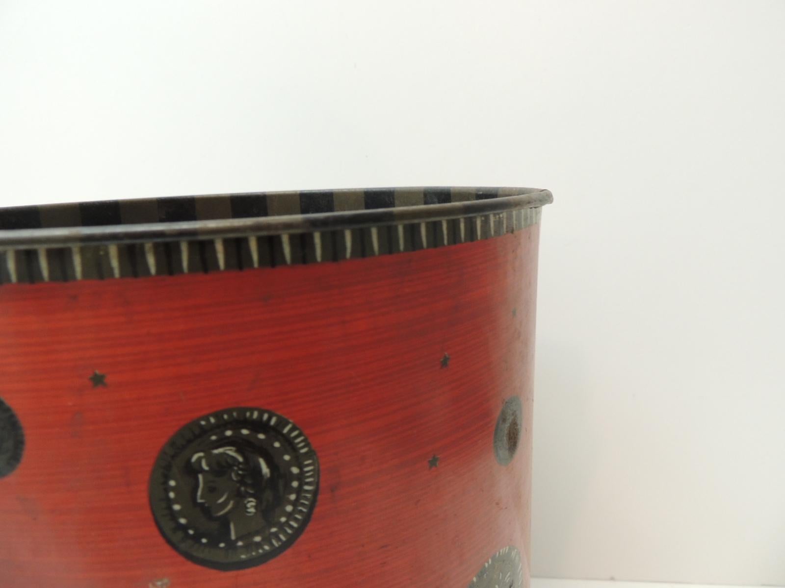 Vintage red and gray Cameo style tole wastebasket
Stamped: The Master Crafted Metal Ware Made in England
Size: 9