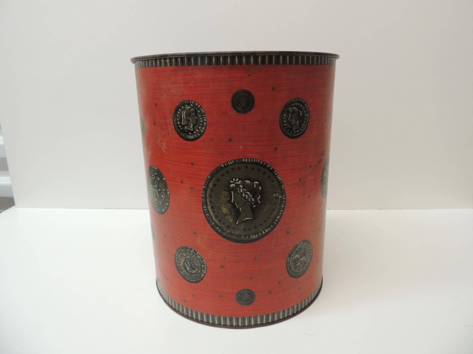 Hand-Crafted Vintage Red and Gray Cameo Style Wastebasket