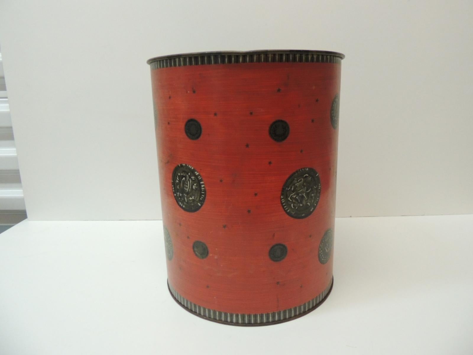Vintage Red and Gray Cameo Style Wastebasket In Good Condition In Oakland Park, FL
