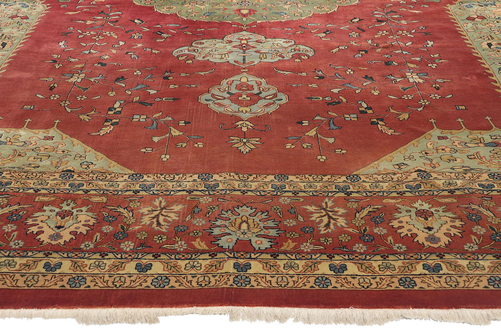 Hand-Knotted Vintage Red and Green Agra Carpet For Sale