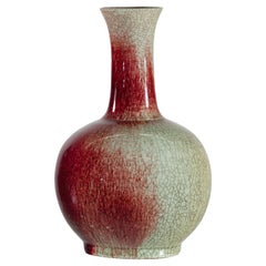 Vintage Red and Green Ceramic Vase with Crackled Glaze and Narrow Neck