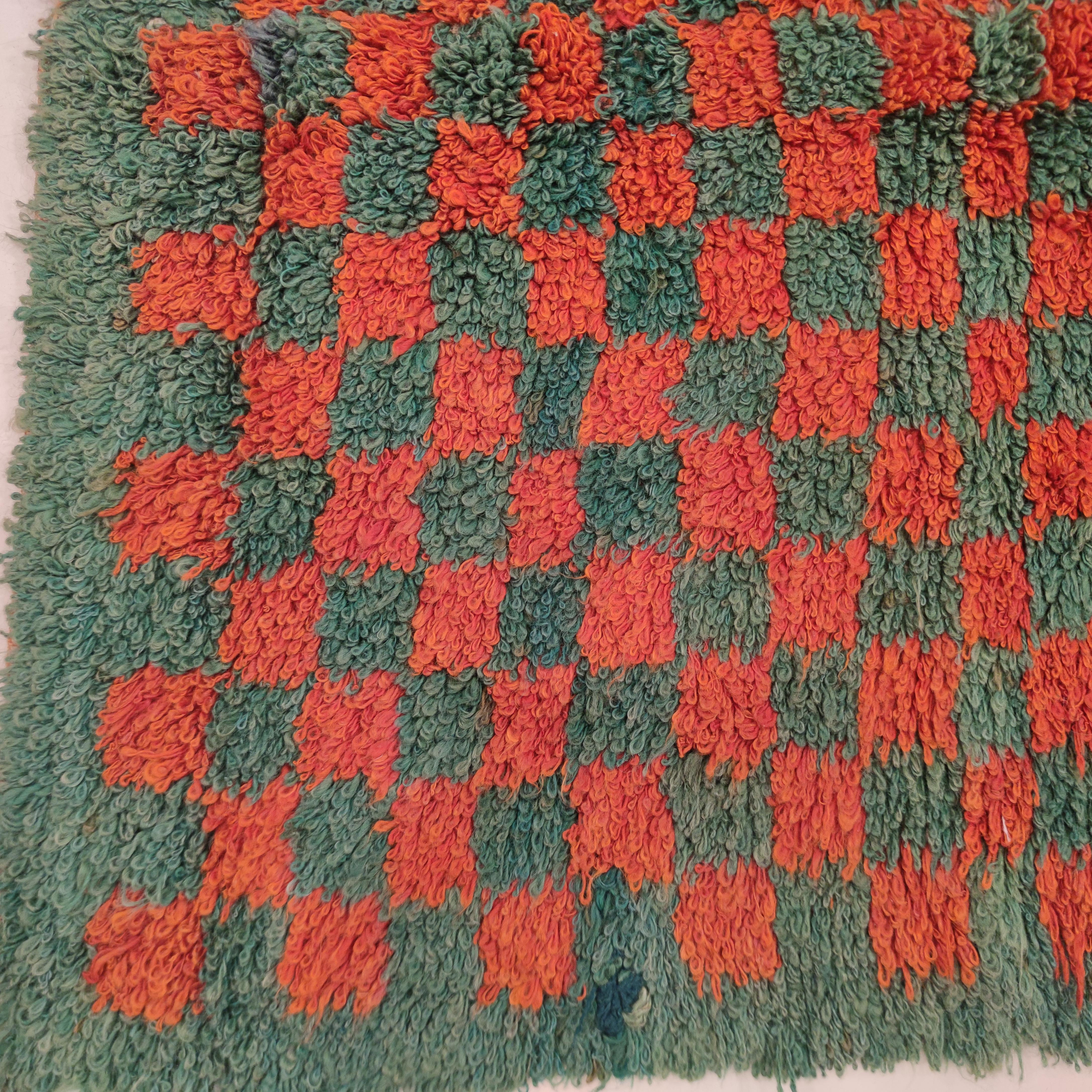 Hand-Knotted Vintage Red and Green Checkerboard Turkish Tulu Rug For Sale