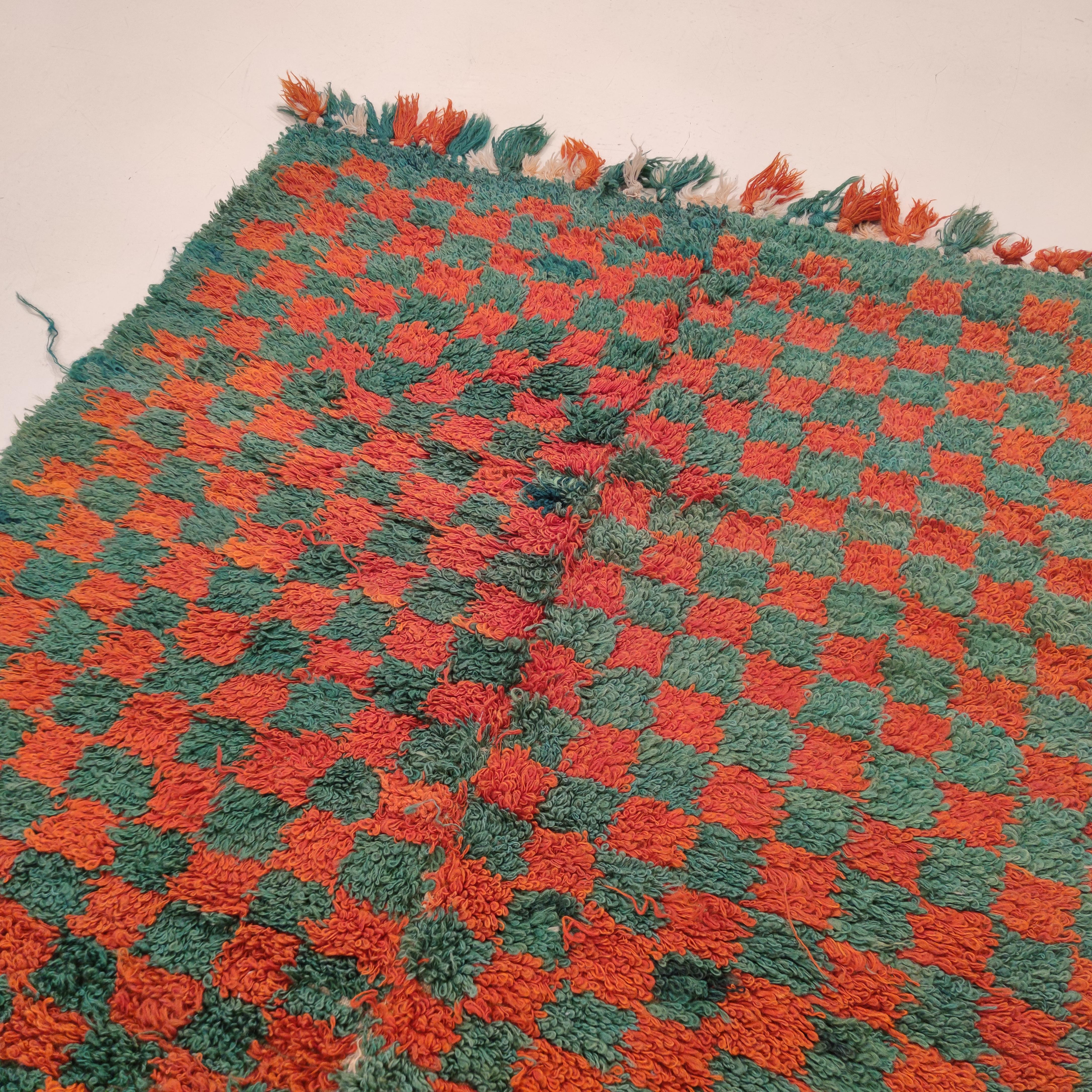 Wool Vintage Red and Green Checkerboard Turkish Tulu Rug For Sale