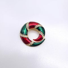 Vintage Red and Green Enamel Wreath Brooch with Rhinestones, Gold Tone