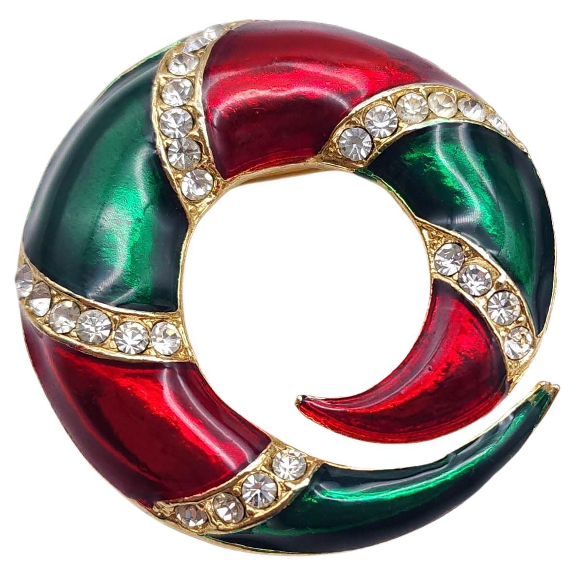 Broche vintage en émail rouge et vert avec couronnes et strass, ton or