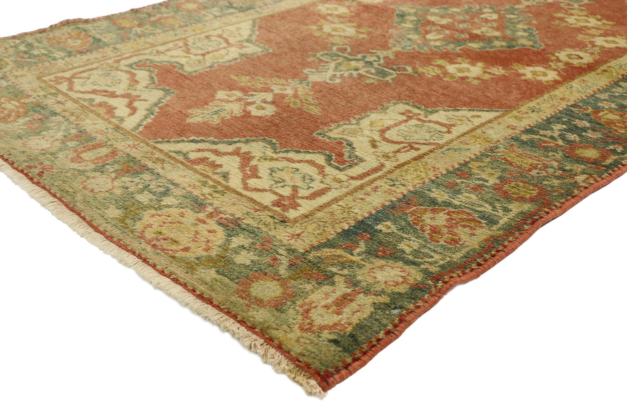 73915 Vintage Turkish Oushak Rug, 03'06 x 06'02. Immerse yourself in a hand knotted vintage Turkish Oushak rug woven with threads of Anatolian history and hues softened by the gentle passage of time. Picture a brick red field, its surface alive with