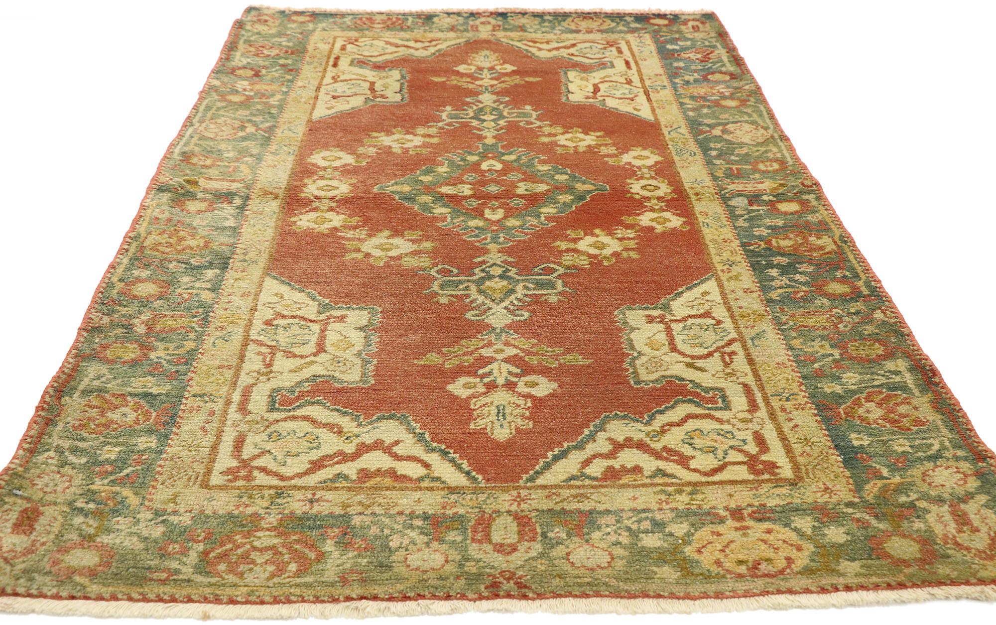 Hand-Knotted Vintage Red and Green Turkish Oushak Carpet For Sale