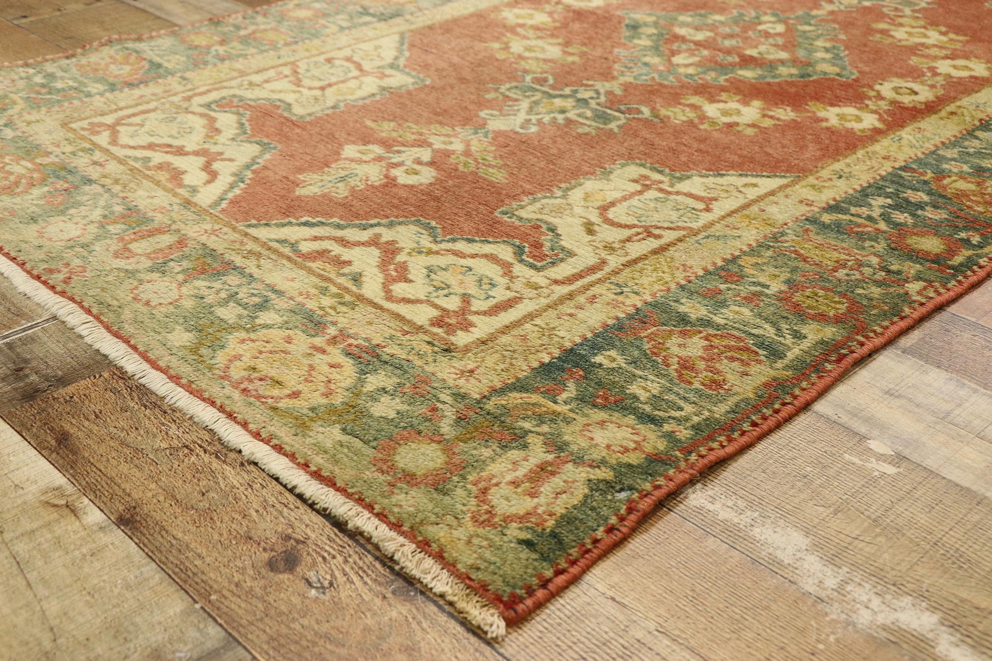 Wool Vintage Red and Green Turkish Oushak Carpet For Sale