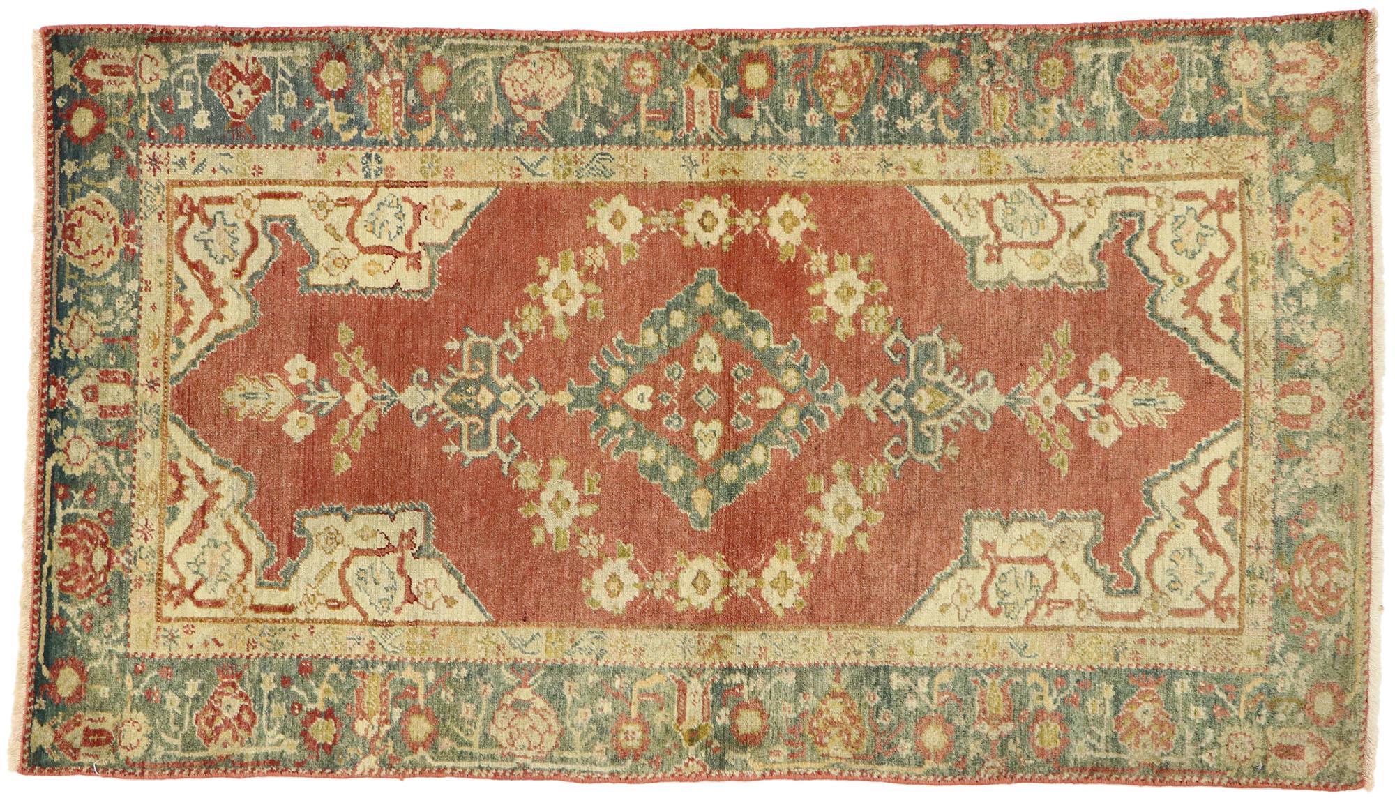 Vintage Red and Green Turkish Oushak Carpet For Sale 3