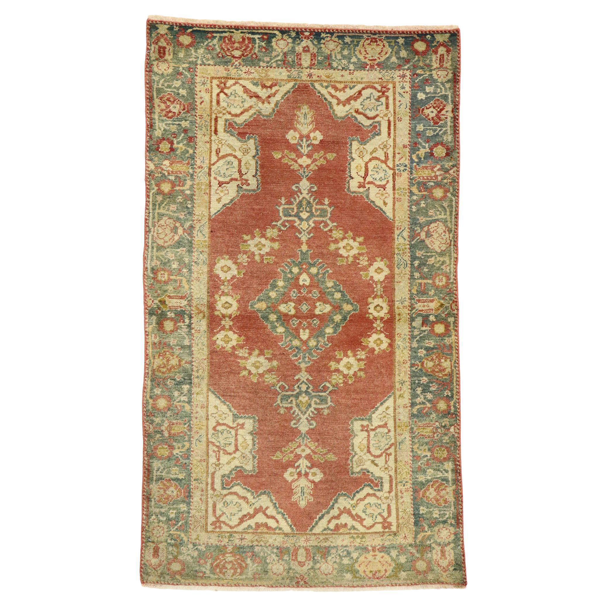 Vintage Red and Green Turkish Oushak Carpet For Sale