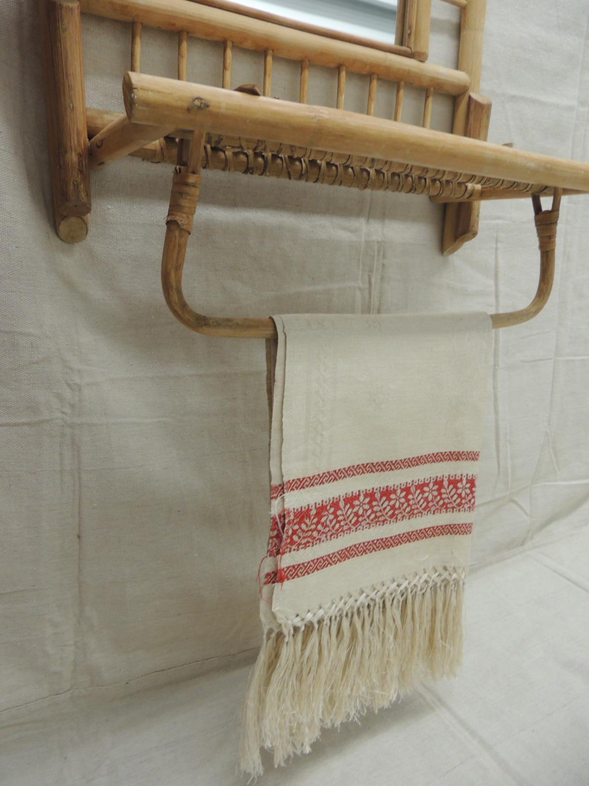 Vintage Turkish silk damask style towel
Tone on tone beige color with red embroidered borders
4” tassels on both ends
Size: 23” W x 41” L.
 