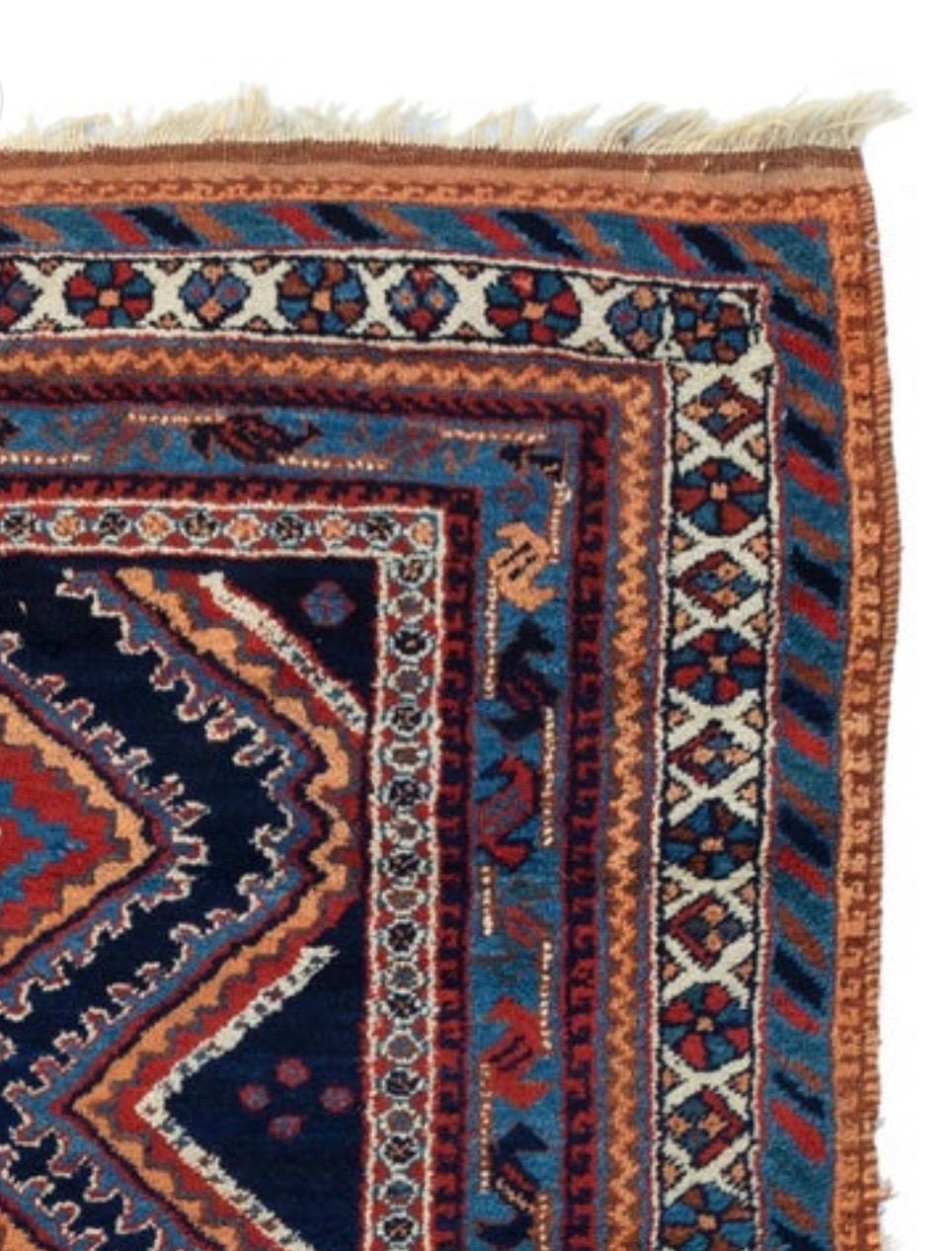 Hand-Knotted Vintage Red and Navy Blue Tribal Geometric Persian Afshar Rug, circa 1920s For Sale