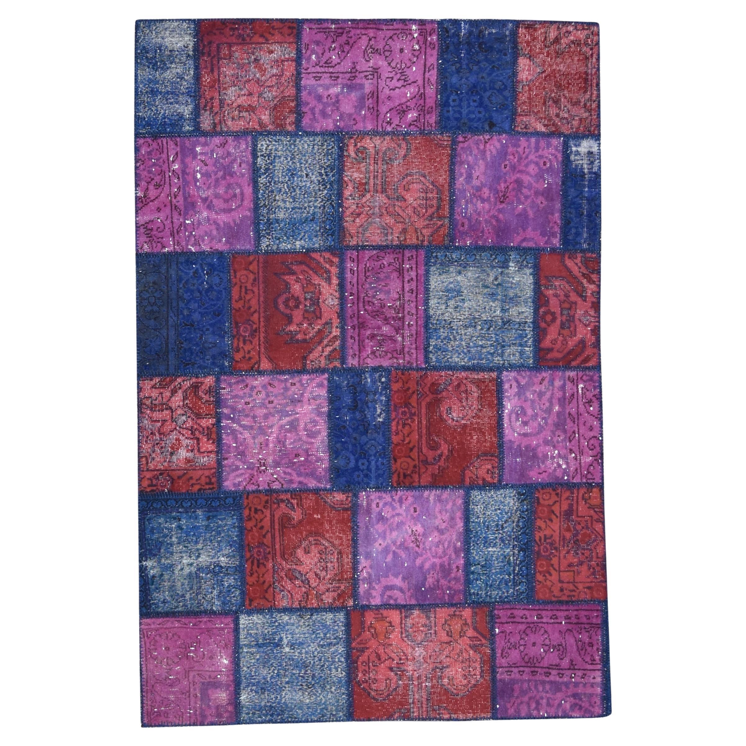 Vintage Red and Navy Patchwork Wool Rug 5'7''x8'4''