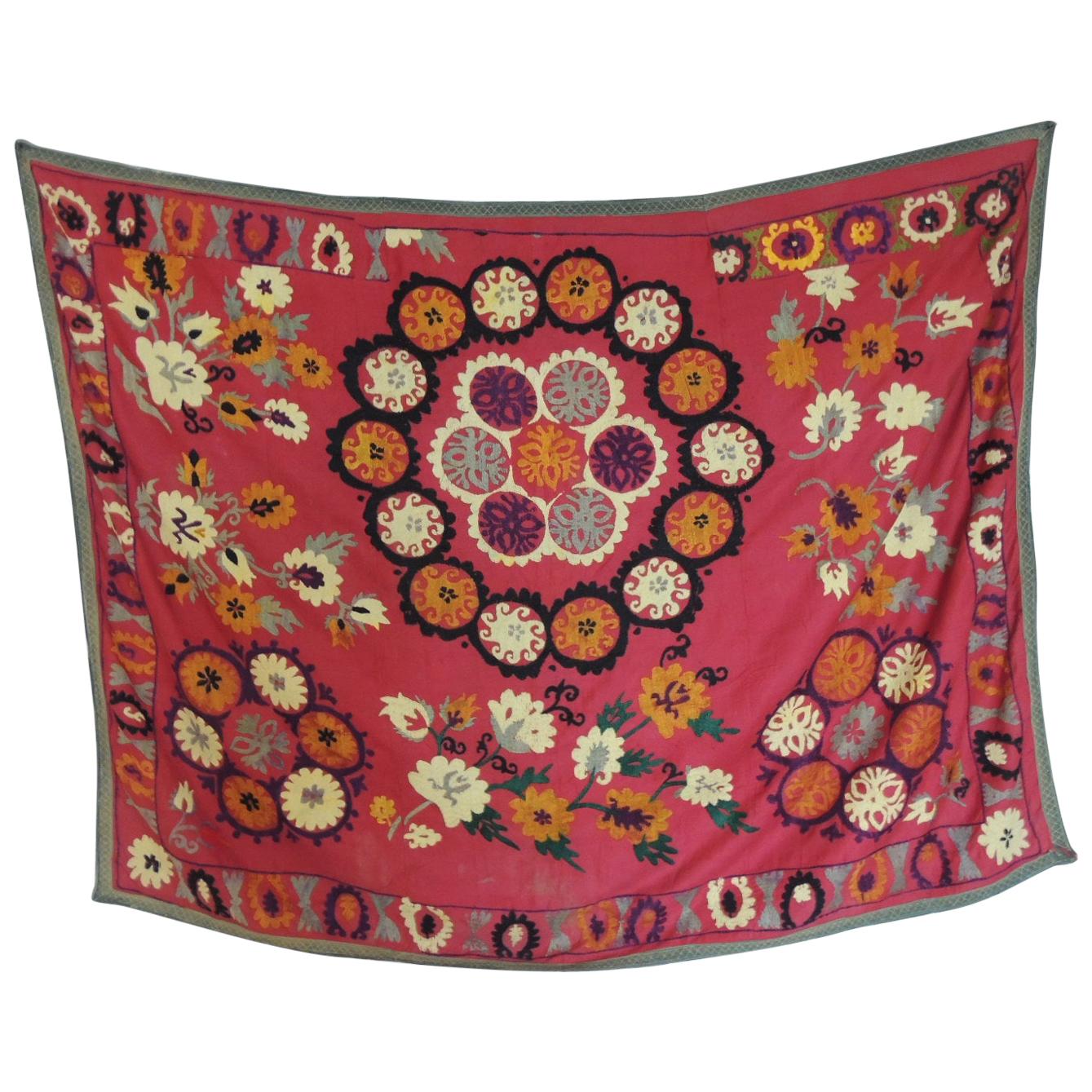 Vintage Red and Orange Uzbekistan Embroidery Suzani Textile Panel