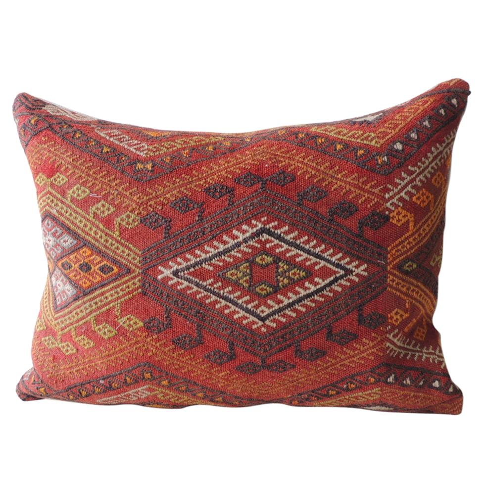 Vintage Red and Orange Woven Kilim Bolster Decorative Pillow