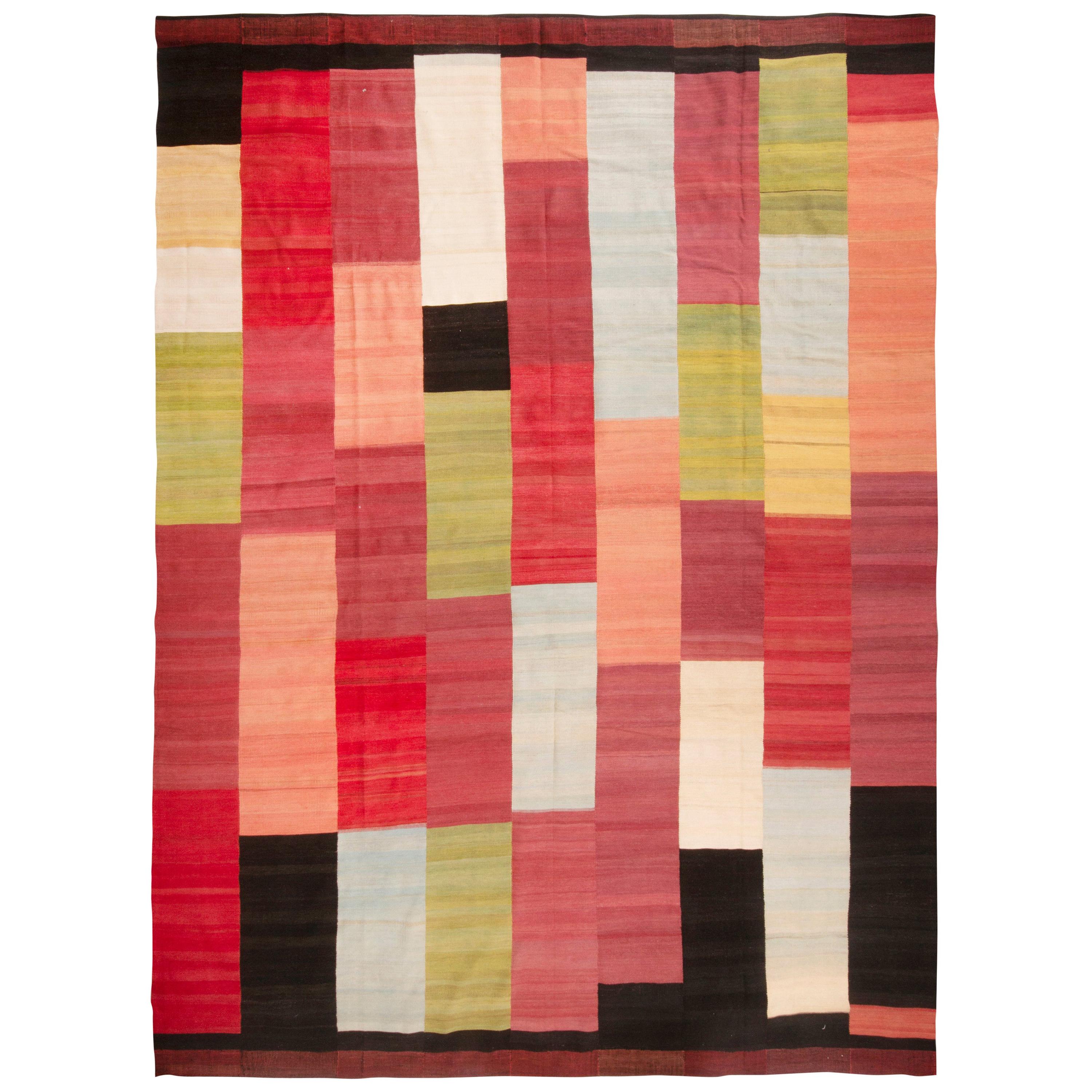 Vintage Midcentury Durry Red and MultiTonal Blue Cotton Rug at 1stDibs