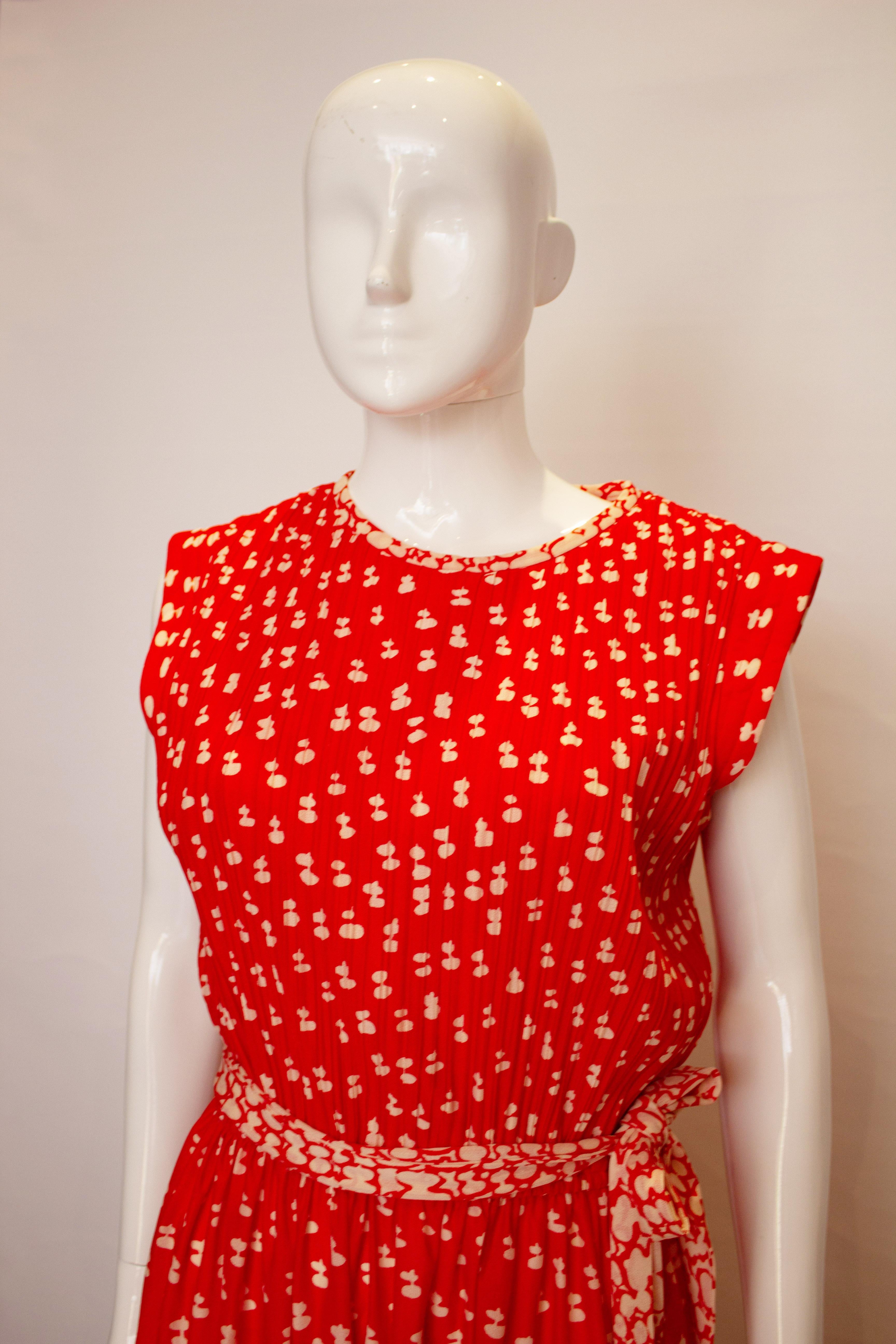 Women's Vintage Red and White Pleated and Print Cocktail Dress