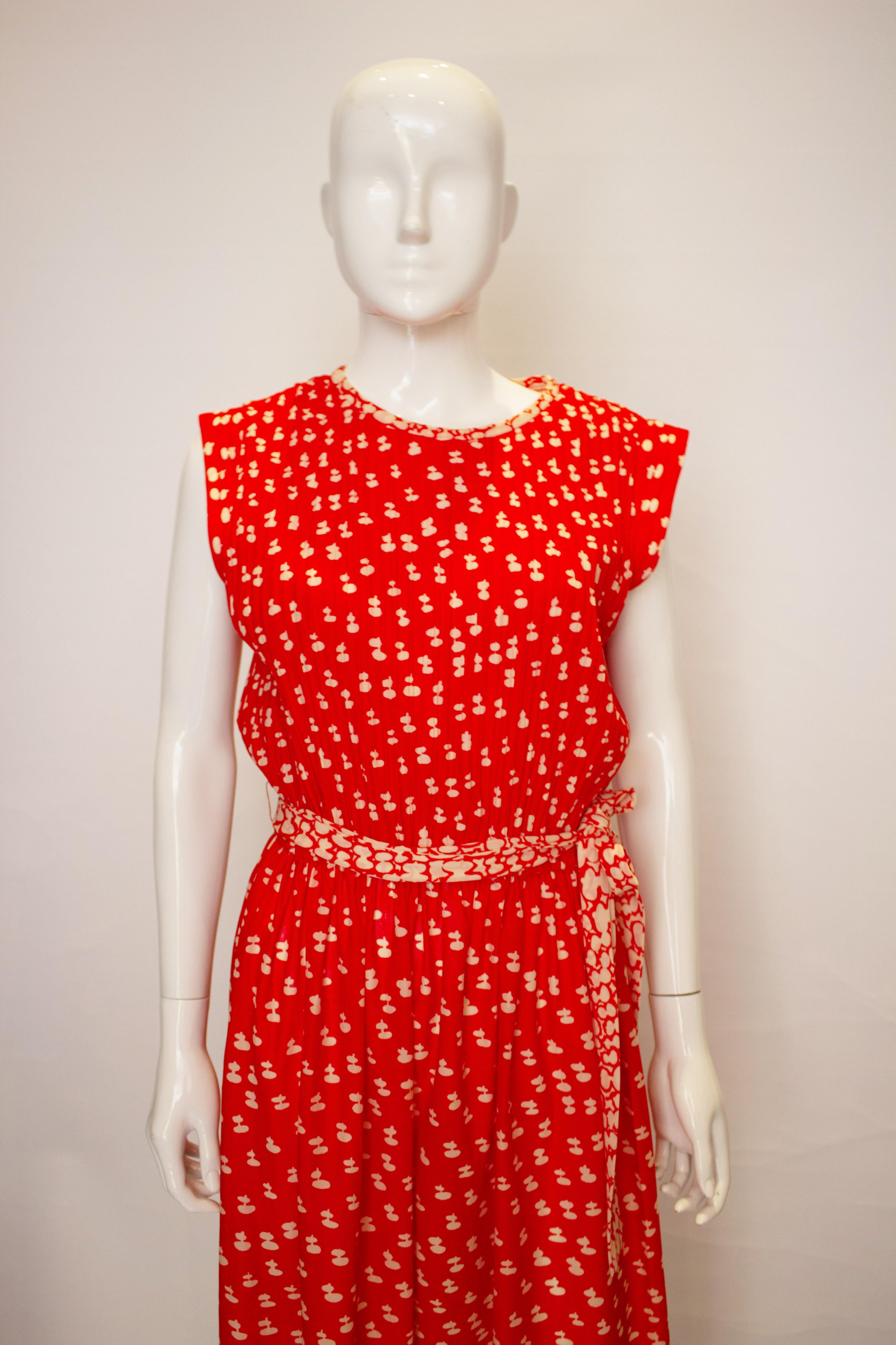 Vintage Red and White Pleated and Print Cocktail Dress 1