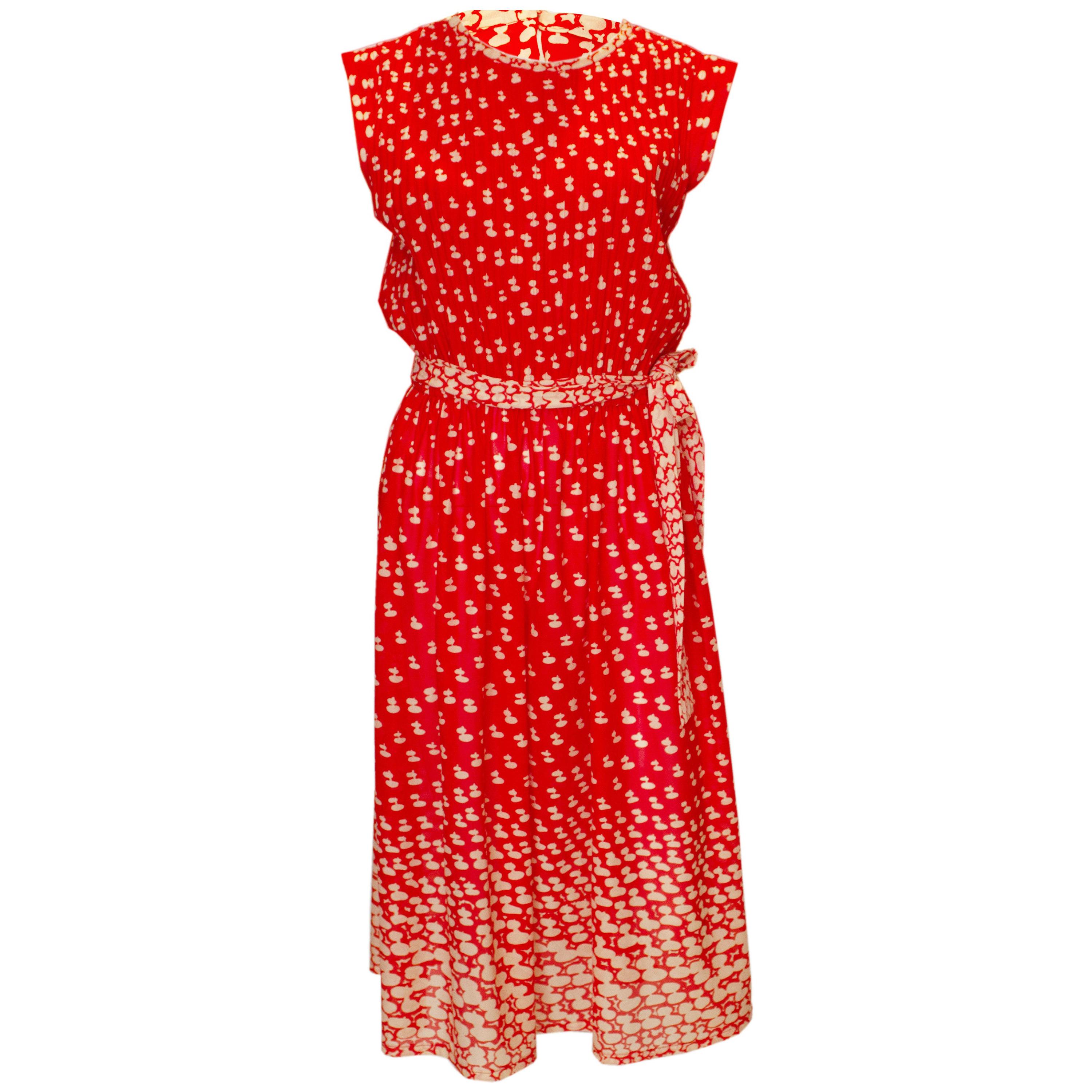 Vintage Red and White Pleated and Print Cocktail Dress