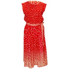 Vintage Red and White Pleated and Print Cocktail Dress