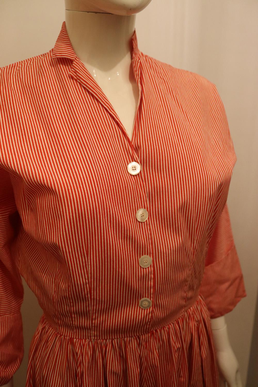 Brown Vintage Red and White Stripe Cotton Shirtwaister Dress For Sale