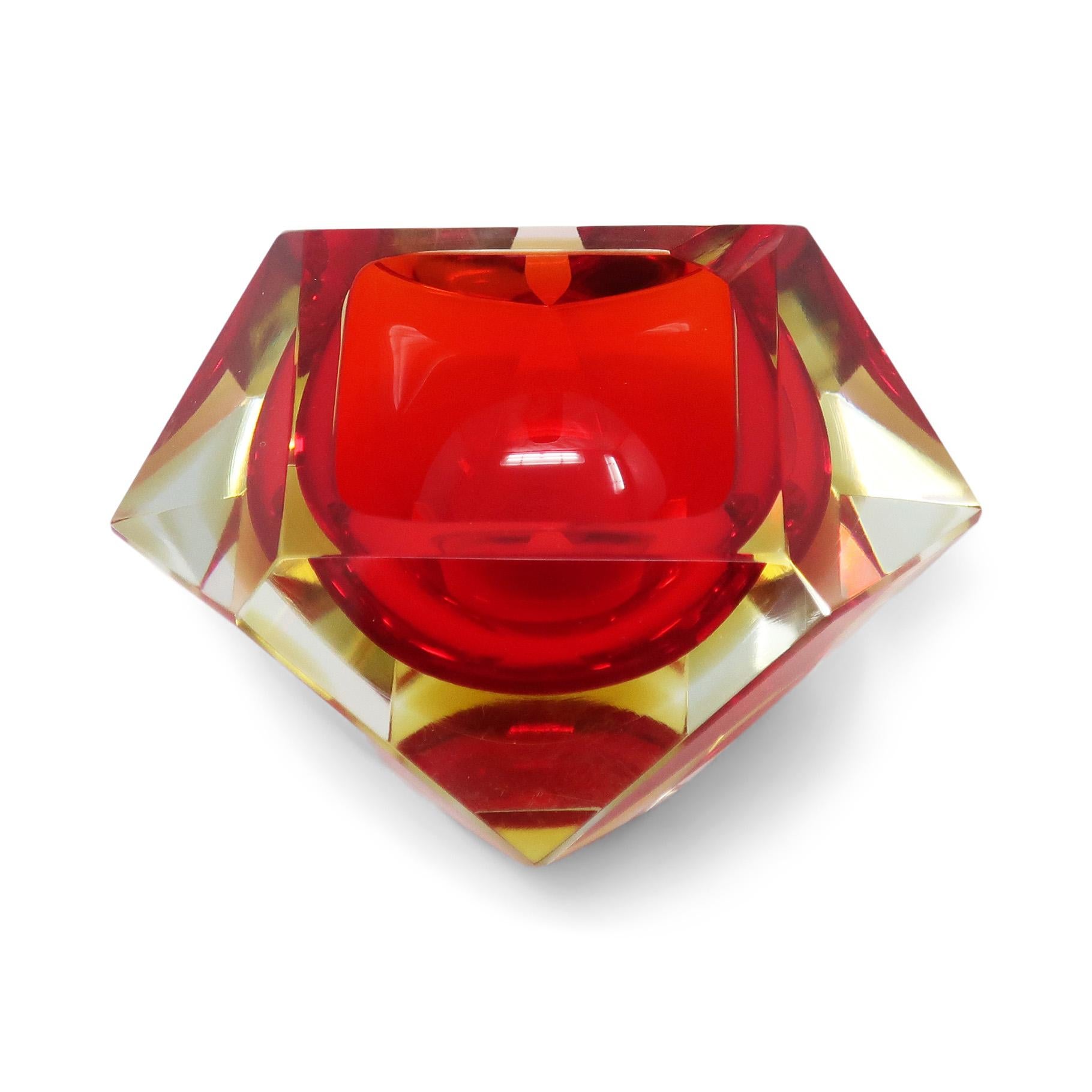 Glass Vintage Red and Yellow Faceted Sommerso Ashtray 