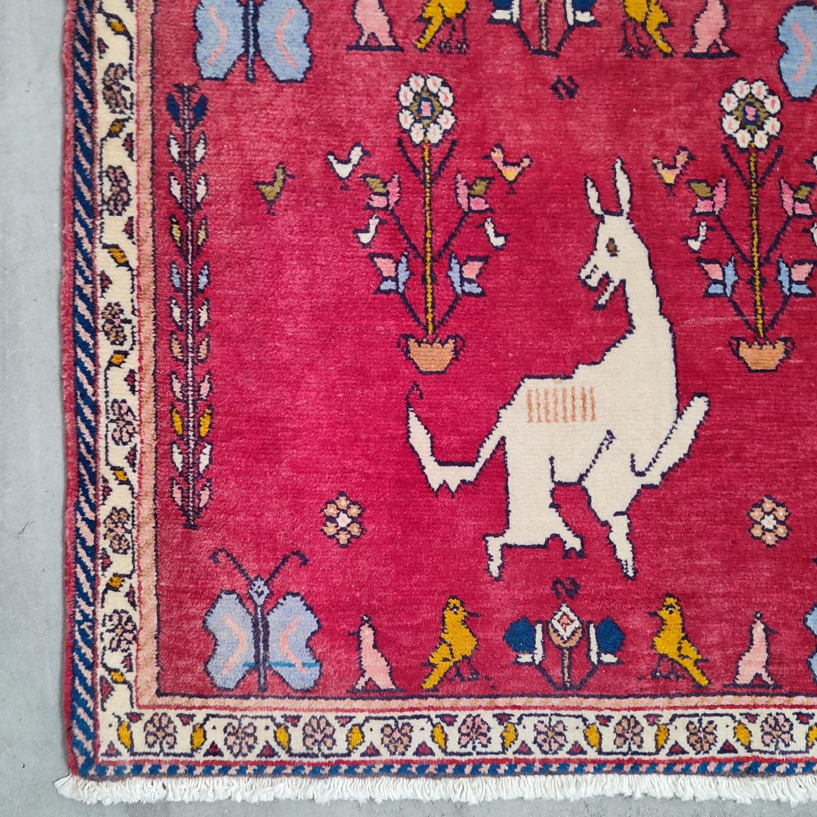 Wool Vintage Red Animal Décor Hand-Knotted Oriental Rug - FREE SHIPPING For Sale