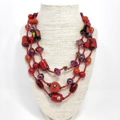 Vintage Red Art Glass Bead Multi Strand Necklace, Red, Black, Iridescent Accents