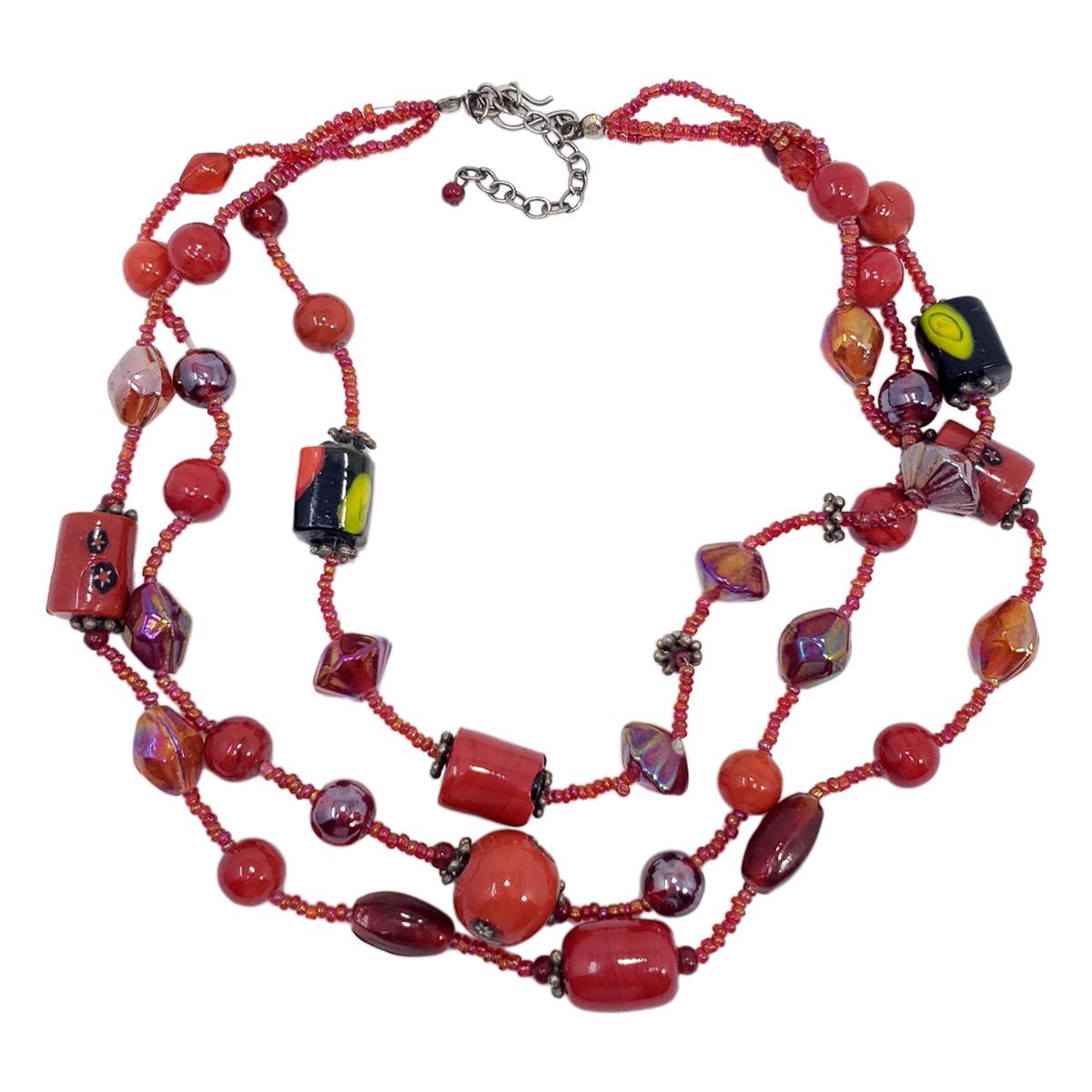 Vintage Red Art Glass Bead Multi Strand Necklace, Red, Black, Iridescent Accents For Sale