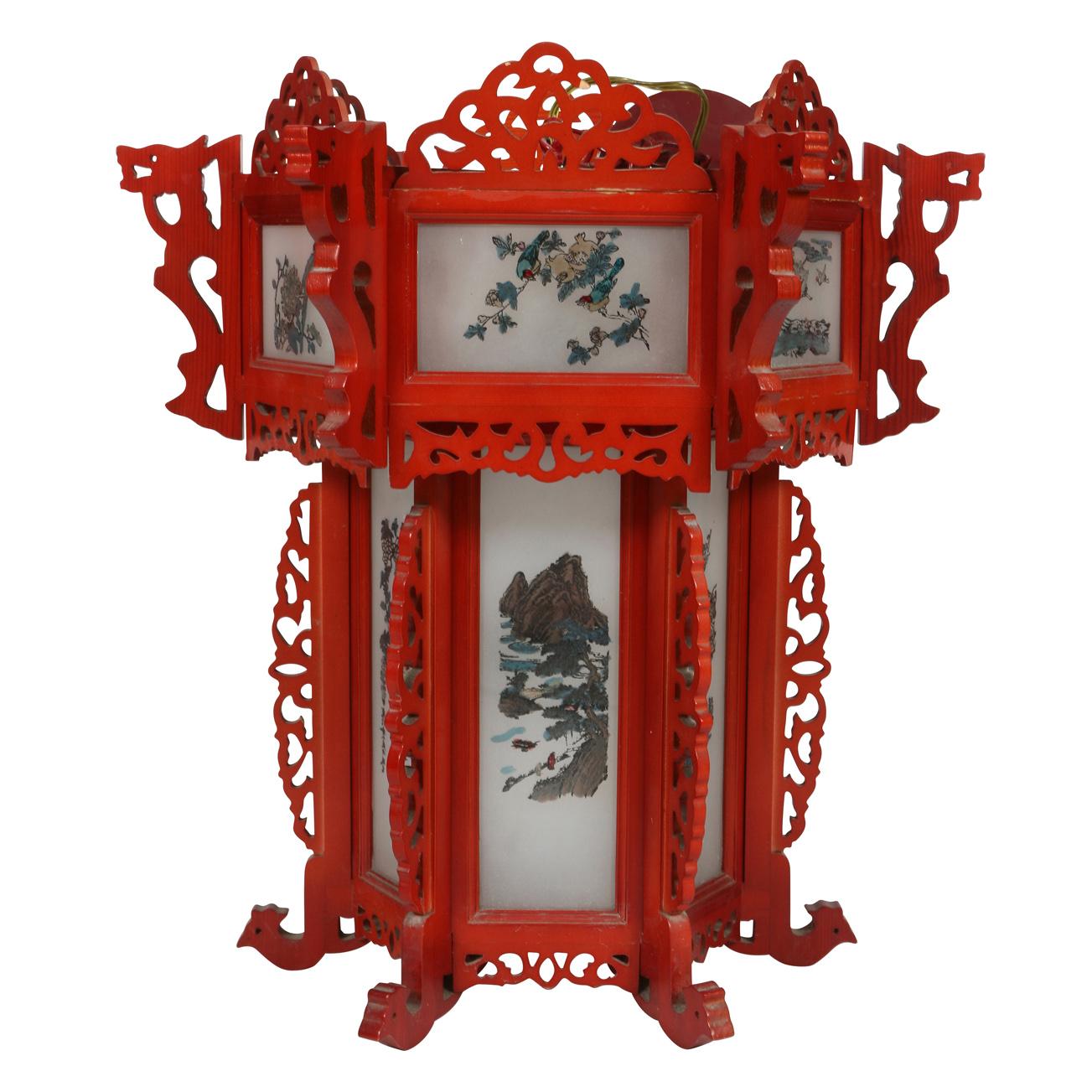 Vintage Asian lantern with fretwork and painted glass inserts, with two tiers of interior bulbs.