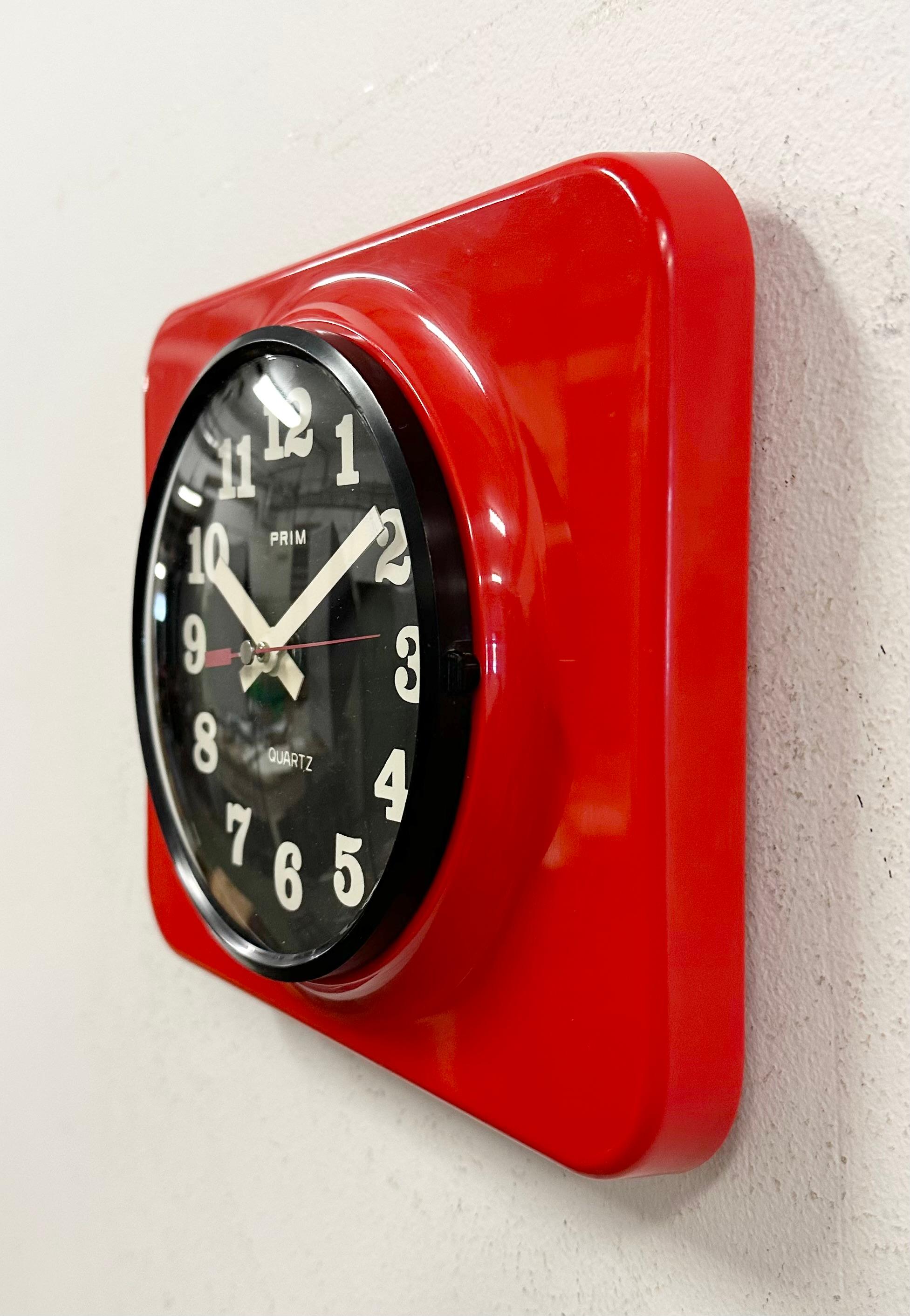 Industrial Vintage Red Bakelite Wall Clock from Prim, 1970s