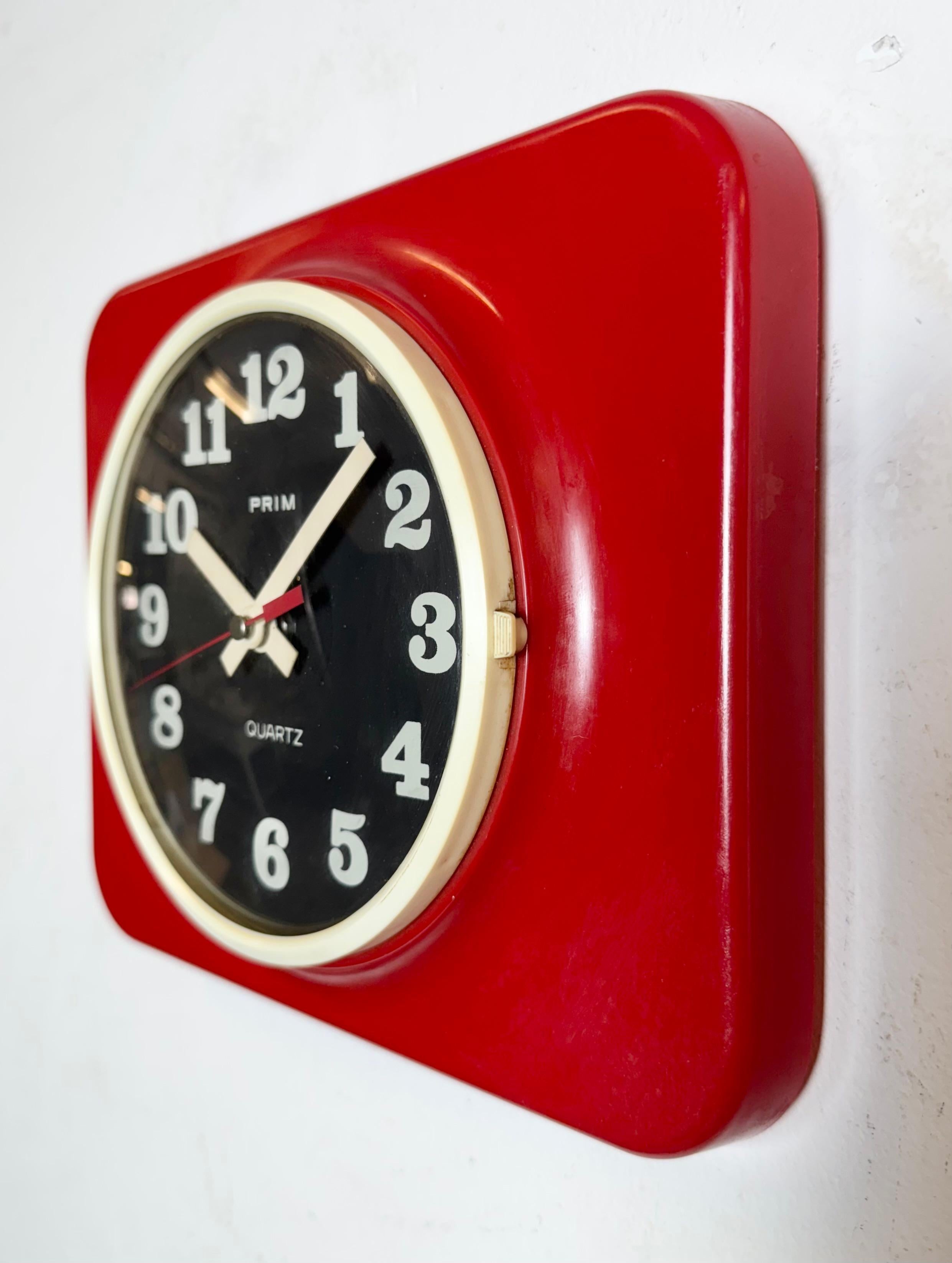 Czech Vintage Red Plastic Wall Clock from Prim, 1970s For Sale