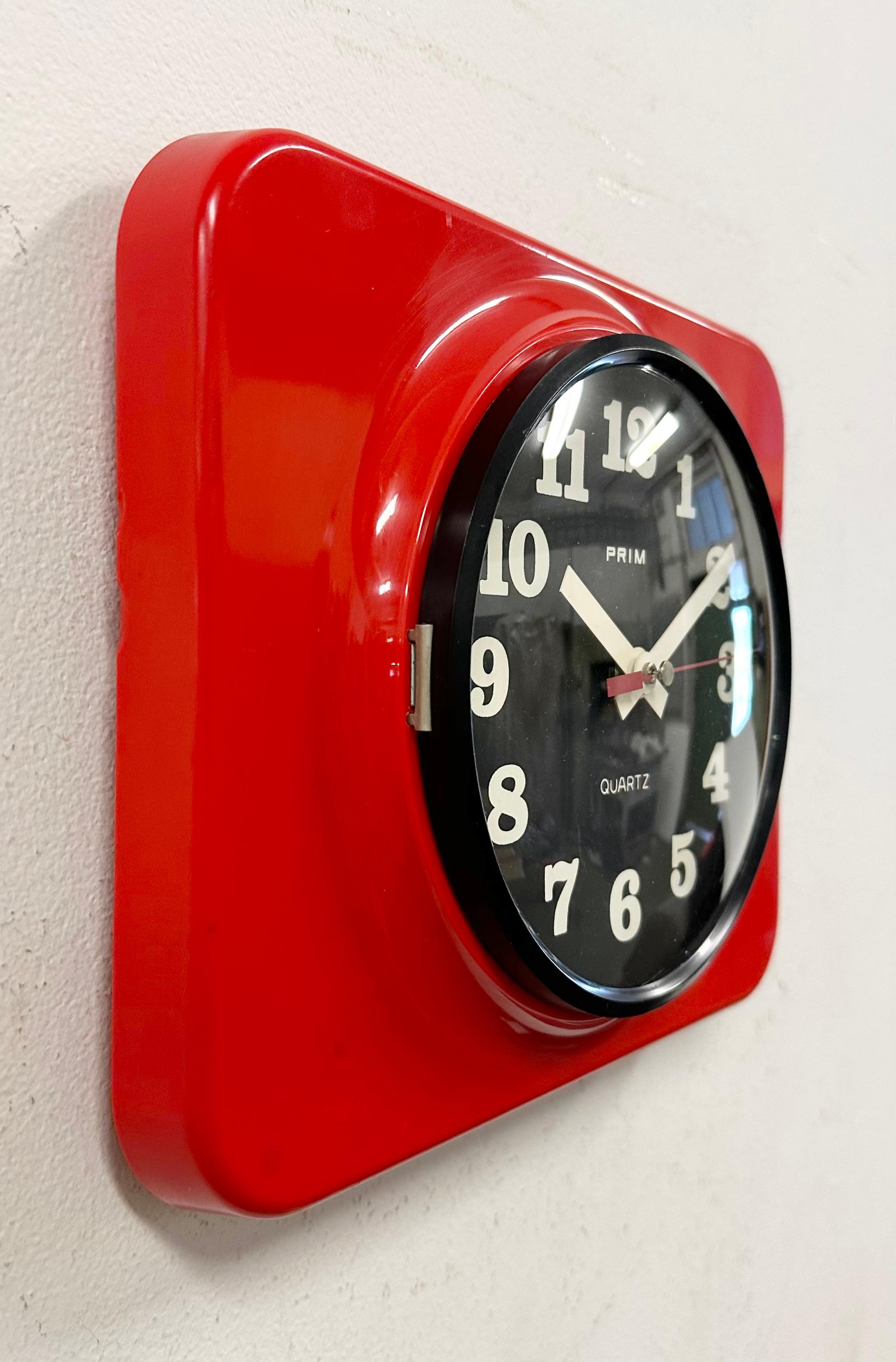Czech Vintage Red Bakelite Wall Clock from Prim, 1970s