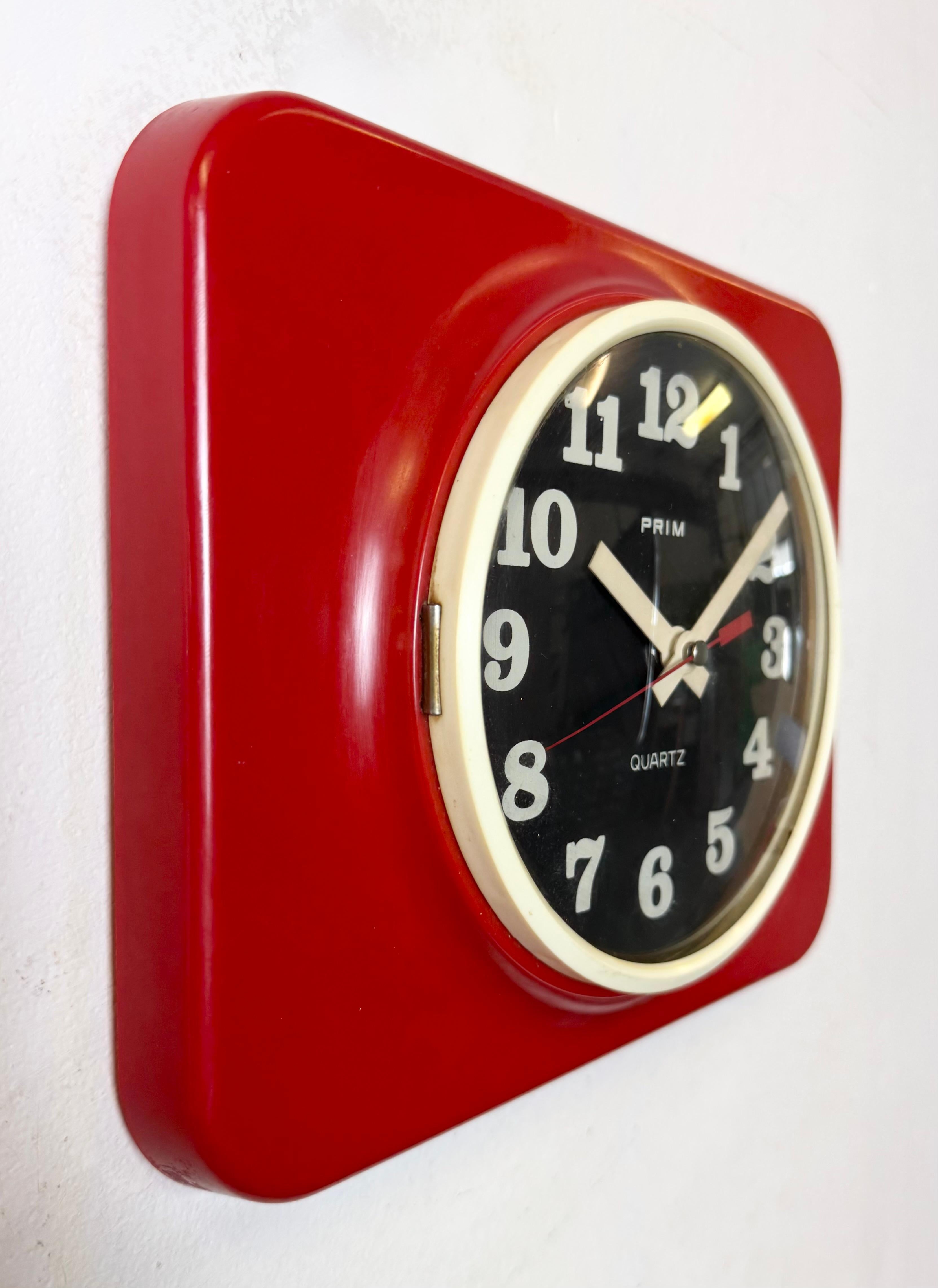 Glass Vintage Red Plastic Wall Clock from Prim, 1970s For Sale