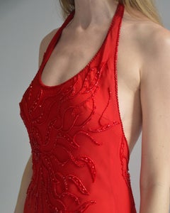 Vintage Red Beaded Chiffon Open-Back Halter Gown