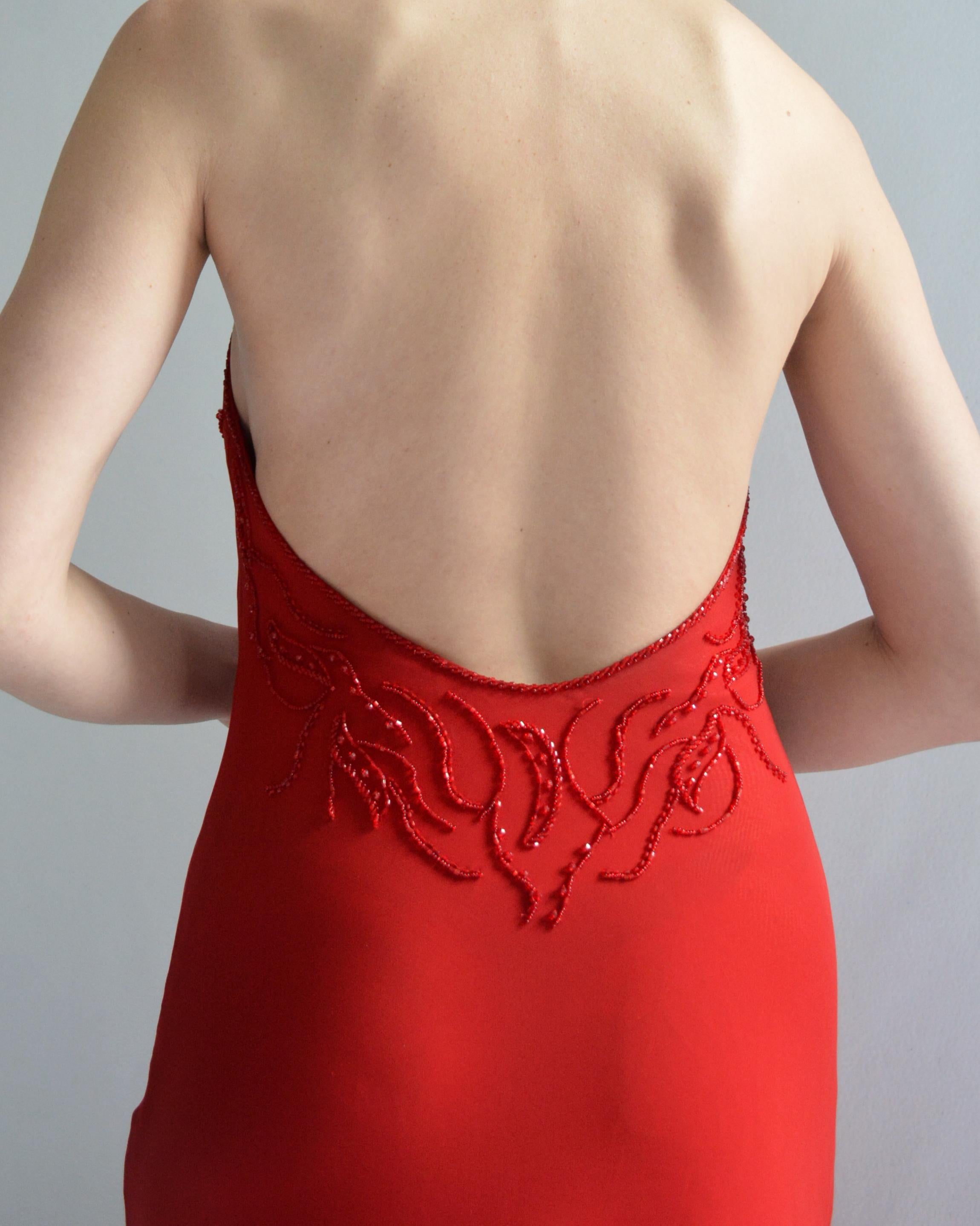 Vintage Rot Perlenbesetztes Chiffon Kleid mit offenem Rücken Damen