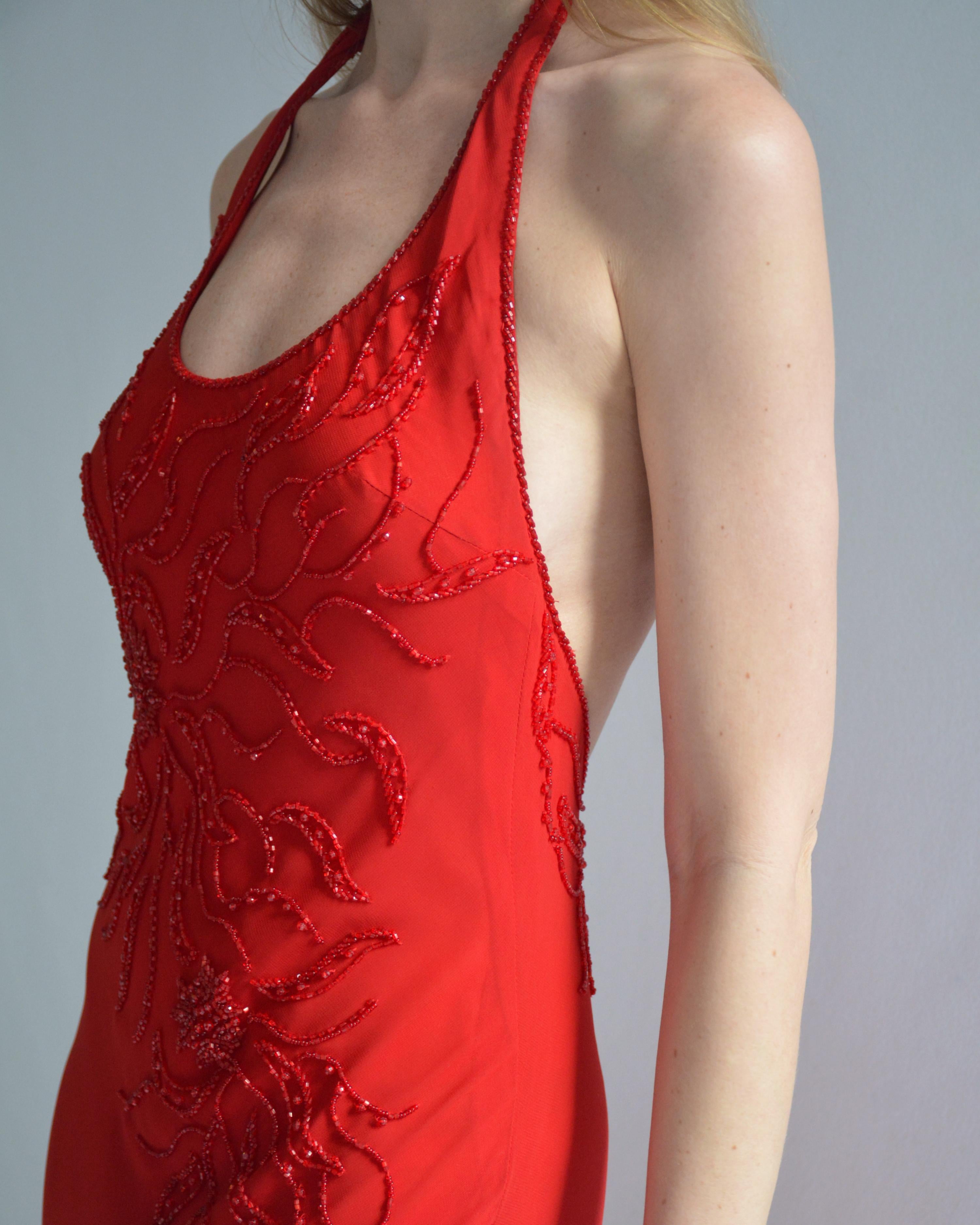 Vintage Rot Perlenbesetztes Chiffon Kleid mit offenem Rücken 1